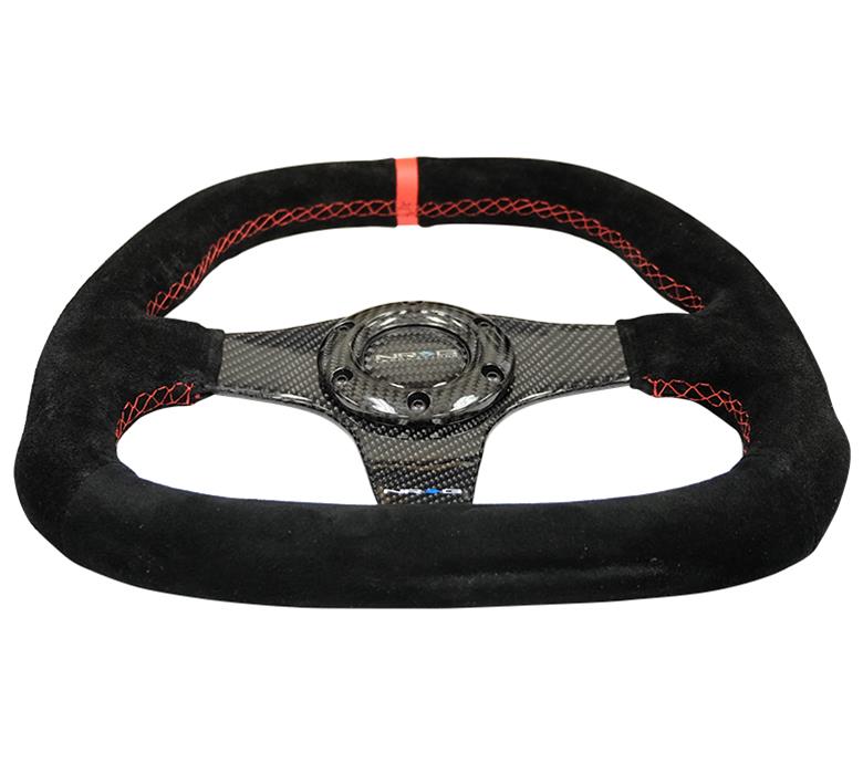 NRG Carbon Fiber Steering Wheel (320mm) Flat Btm. Blk Suede/Red Stitch w/CF Spokes & Red Center Mark thumbnail 3