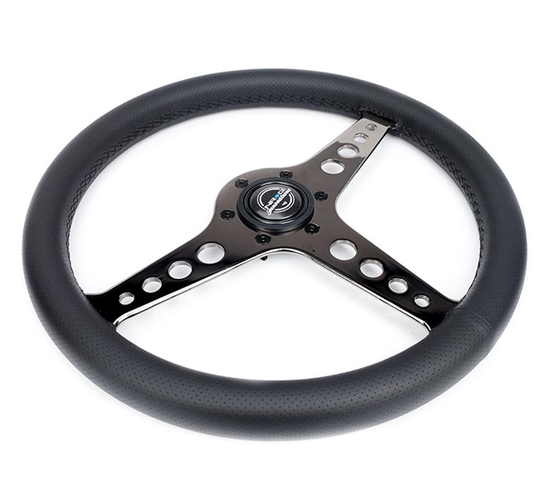 NRG Light Weight Gaming Steering Wheel - Driftz 350mm 3 Black Chrome Spokes Perforated Leather thumbnail 2