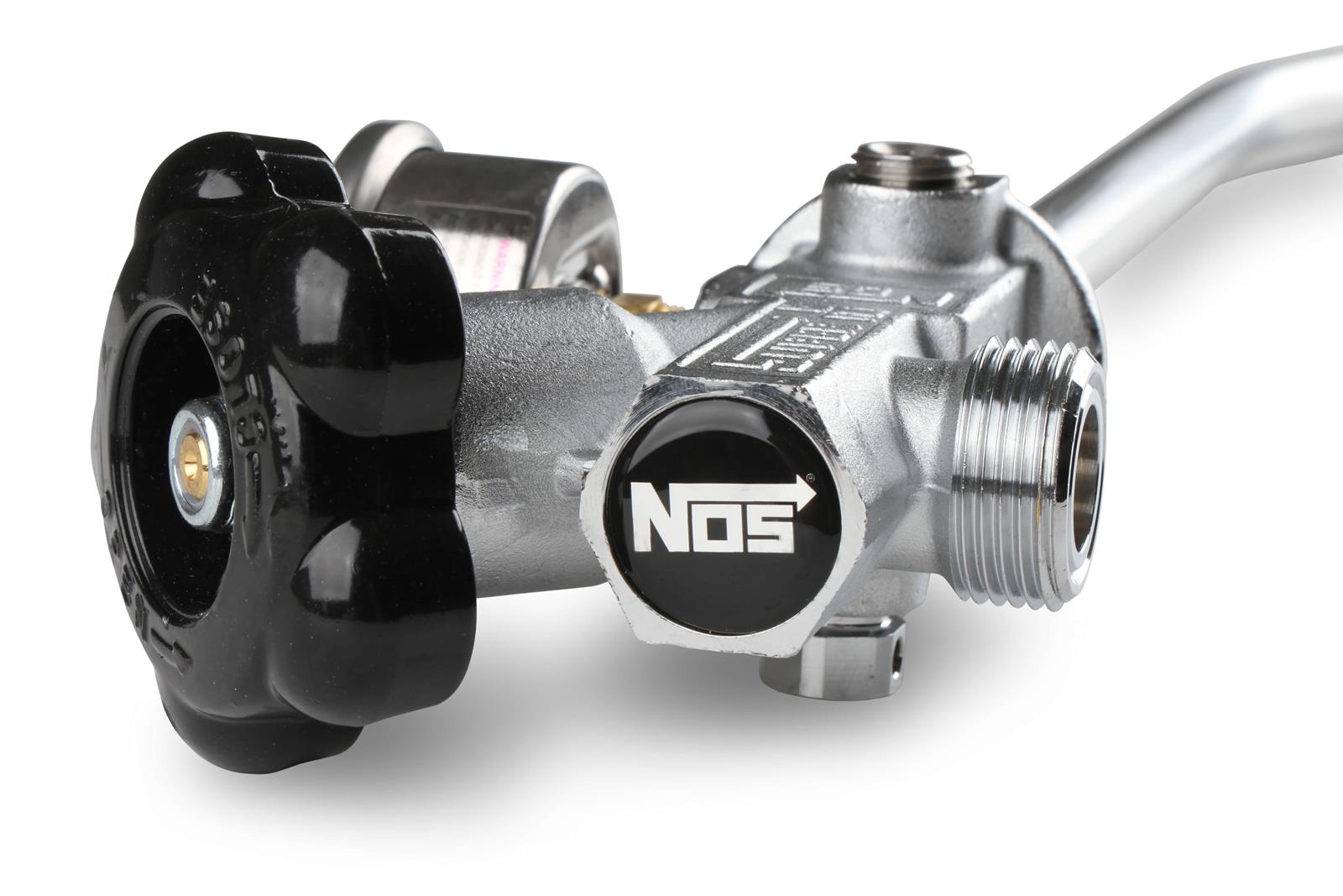 NOS Super Hi-Flo Bottle Valve Assemblies 16137ABNOS Nitrous Valve, 10 lbs. Bottle, Hi-Flow Valve, Siphon Tube, Black Pressure Gauge, Kit