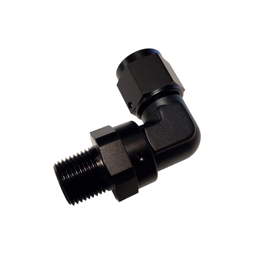 Nitrous Outlet Fittings and Adapters 00-12532 Universal Fittings, 90 Degree Swivel Fitting - 3/8" NPT x 8AN (Male/Female)(Black)