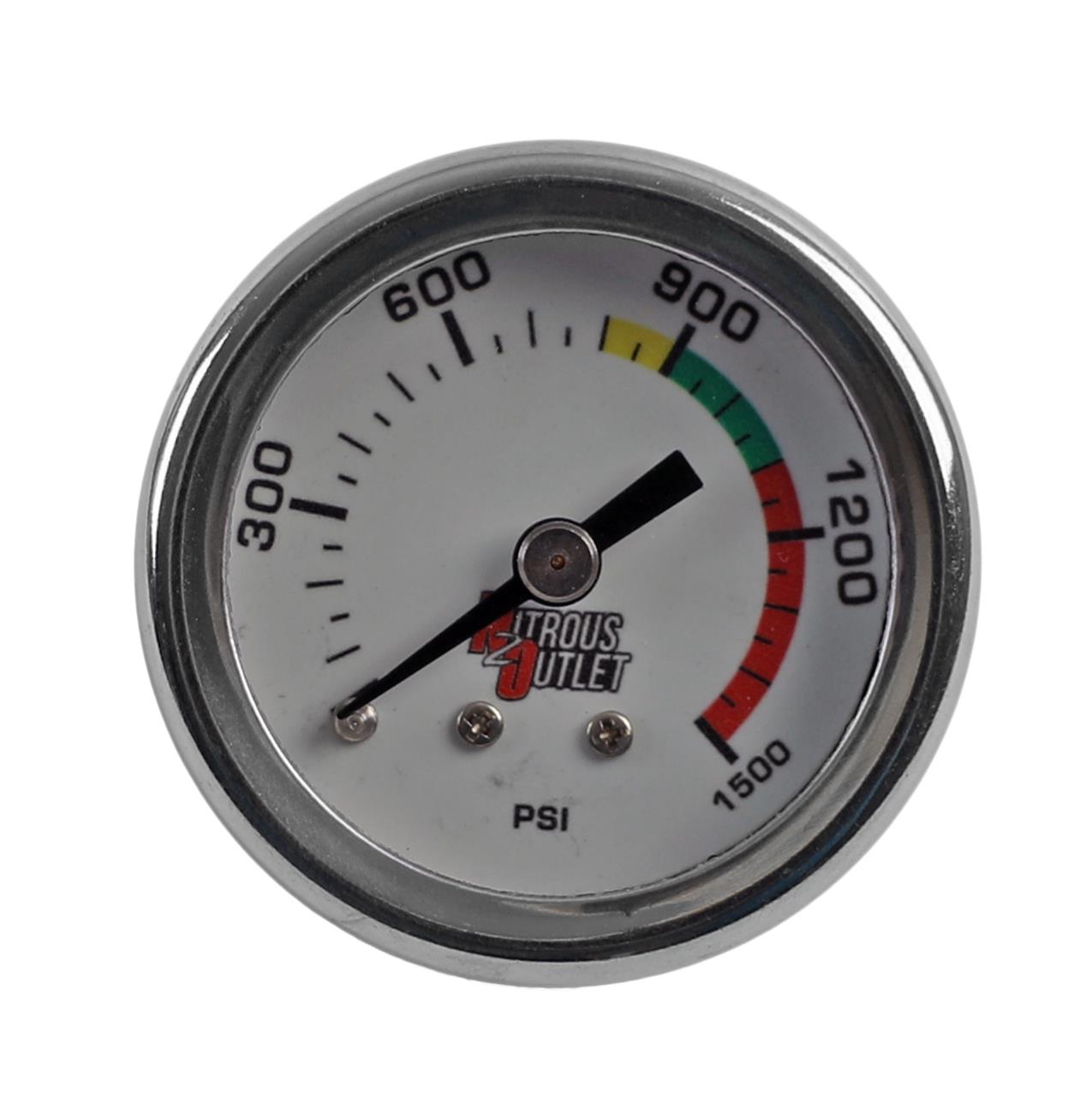 Nitrous Outlet Luminescent Pressure Gauges 00-63001 Gauge, Pressure, 0-1,500 psi, 1 3/4 in. Diameter, Analog, Full Sweep, Luminescent, Mechanical, 1/8 in. NPT, White Face, Chrome Bezel, Each