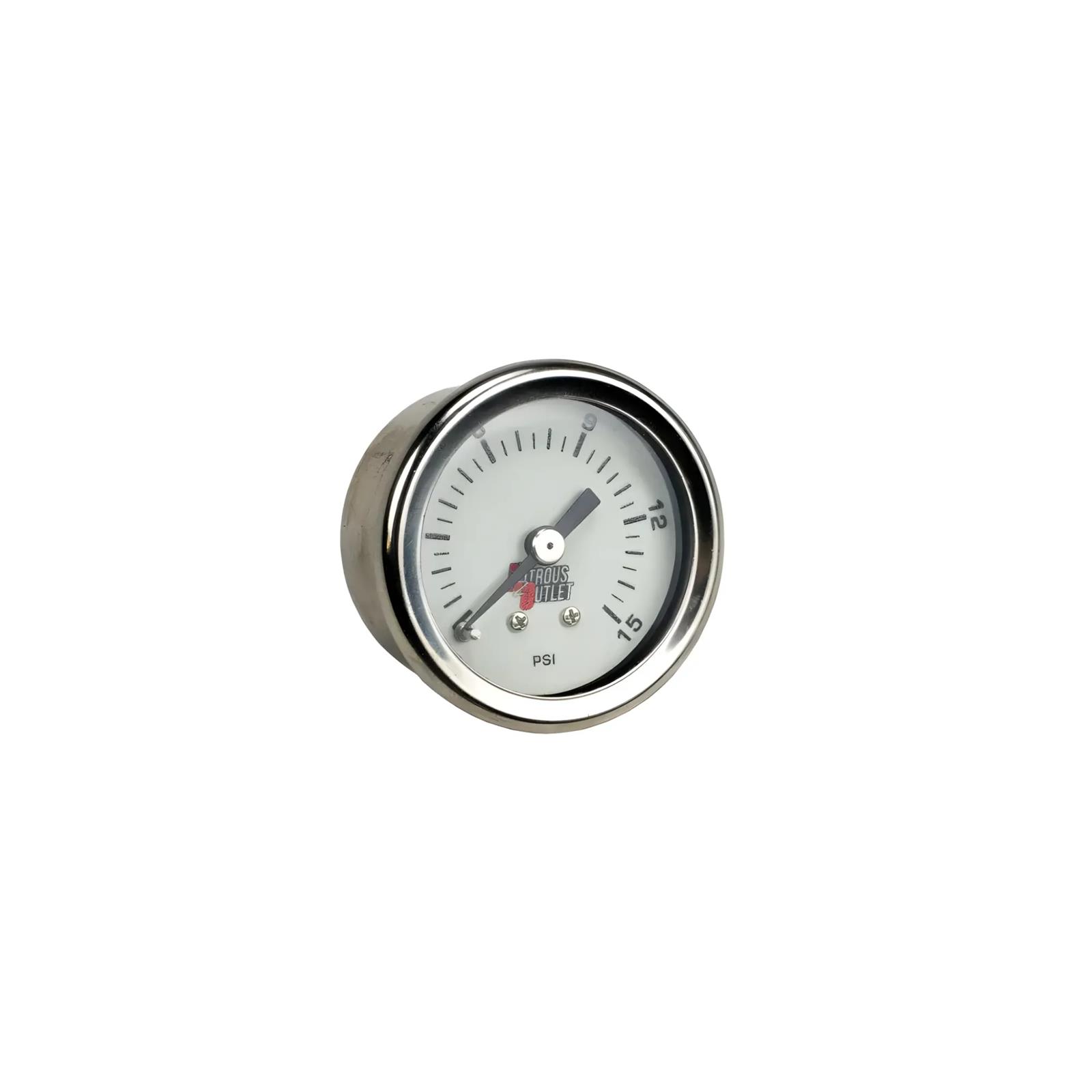 Nitrous Outlet Luminescent Fuel Pressure Gauges 00-63003 Gauge, Pressure, 0-15 psi, 1 3/4 in. Diameter, Analog, Full Sweep, Luminescent, Mechanical, No Manifold, White Face, Chrome Bezel, Each