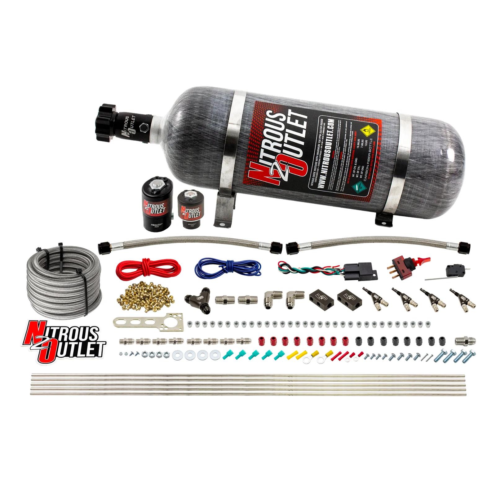 Nitrous Outlet Oxide Systems 00-10362-ALC-12 4 Cyl 2Sol Direct Port Sys w/ Dist Blocks ALC Low PSI(12Lb Bottle)(90° Noz)