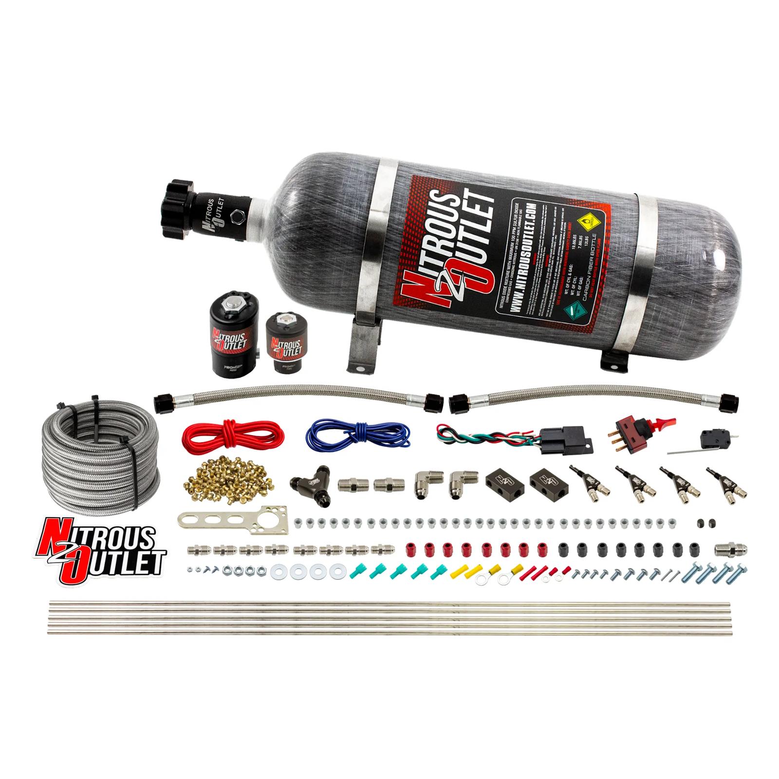 Nitrous Outlet Direct Port Systems 00-10362-R-12 4 Cyl 2 Sol Sys w/ Single Rail Low PSI(12Lb Bottle)(90° Noz)