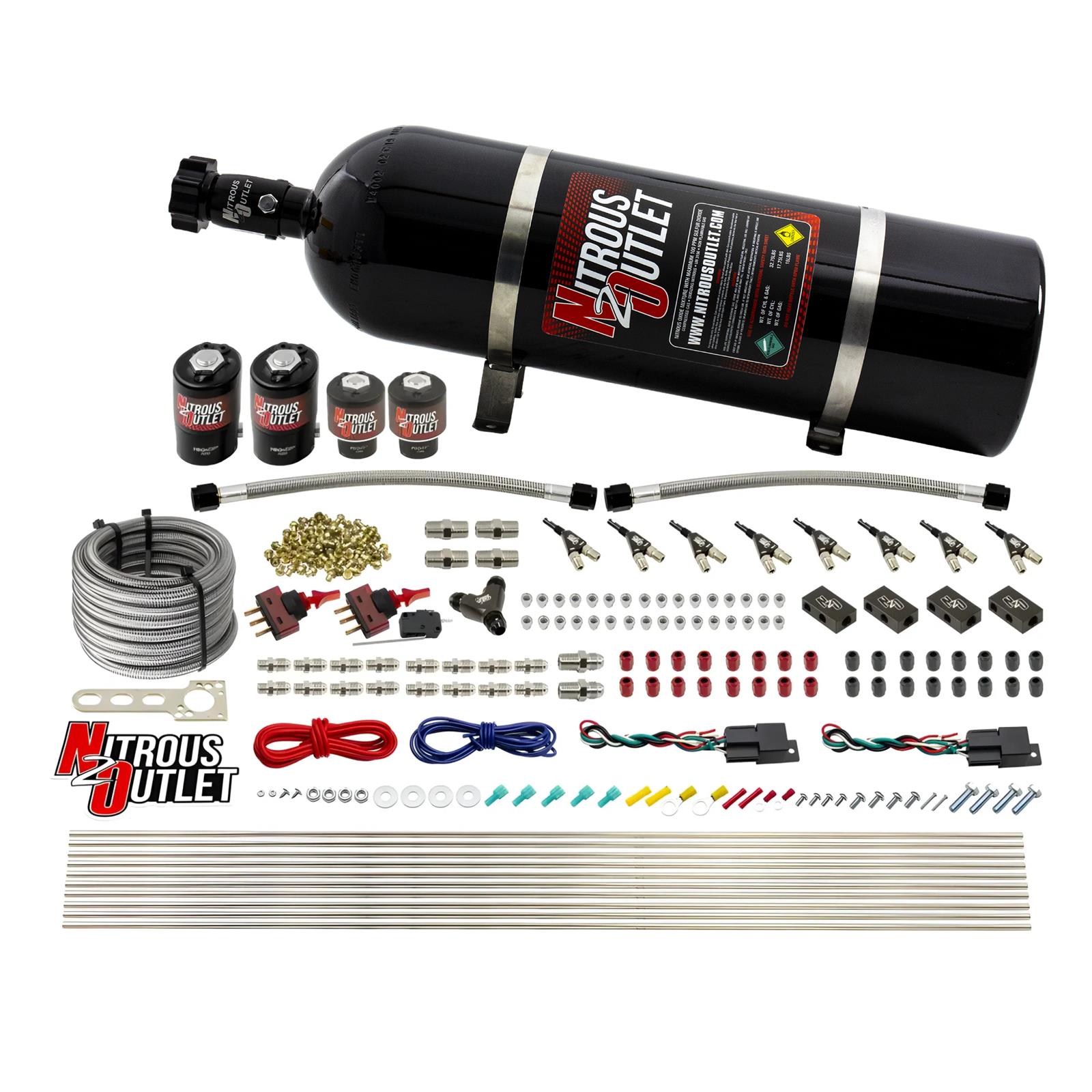 Nitrous Outlet Oxide Systems 00-10363-DS-15 DS 4 Cyl 4 Sol Direct Port Sys w/Dist Blocks Hi PSI(15Lb Bottle)(90° Noz)
