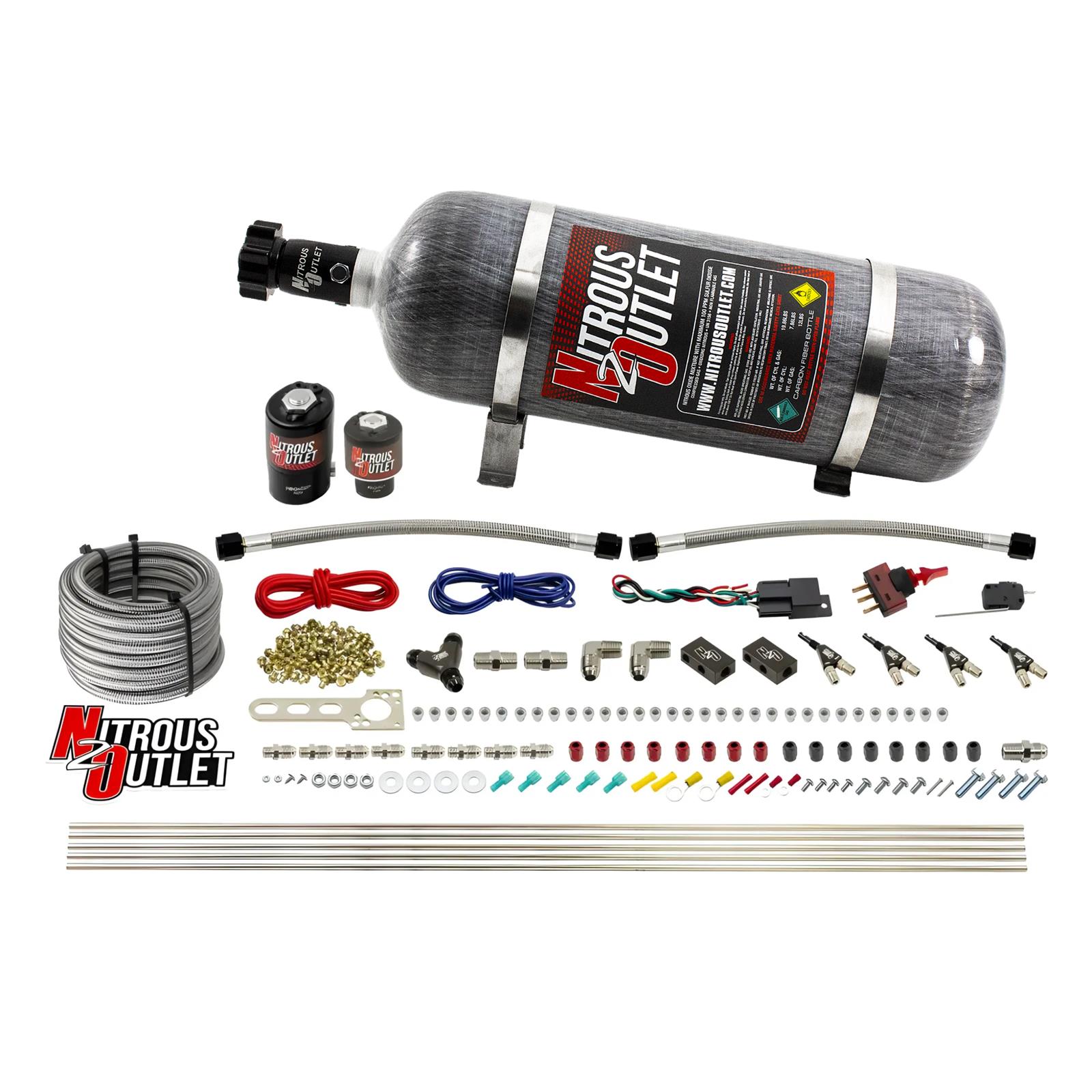 Nitrous Outlet Oxide Systems 00-10363-E85-12 4 Cyl 2 Sol Direct Port Sys w/Dist Blocks E85 Hi PSI(12Lb Bottle)(90° Noz)