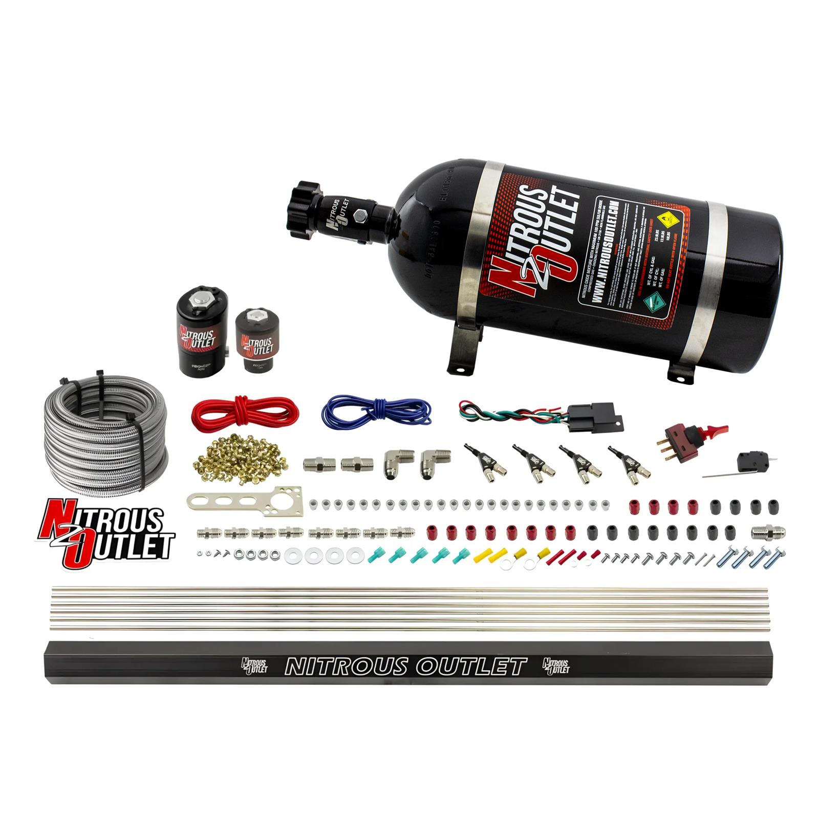 Nitrous Outlet Oxide Systems 00-10363-R-10 4 Cyl 2 Sol Direct Port Sys w/ Single Rail Hi PSI(10Lb Bottle)(90° Noz)