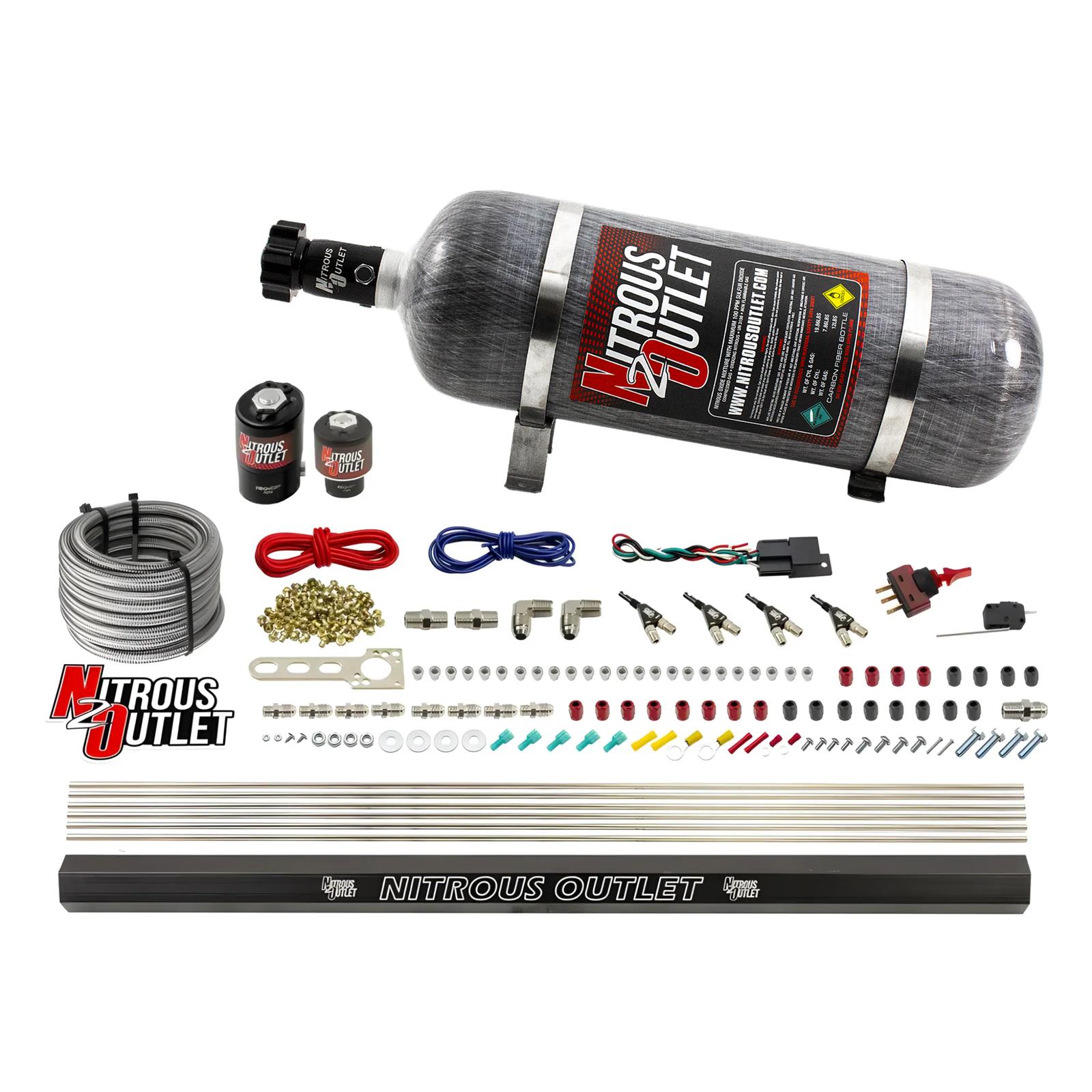 Nitrous Outlet Oxide Systems 00-10363-R-12 4 Cyl 2 Sol Direct Port Sys w/ Single Rail Hi PSI(12Lb Bottle)(90° Noz)