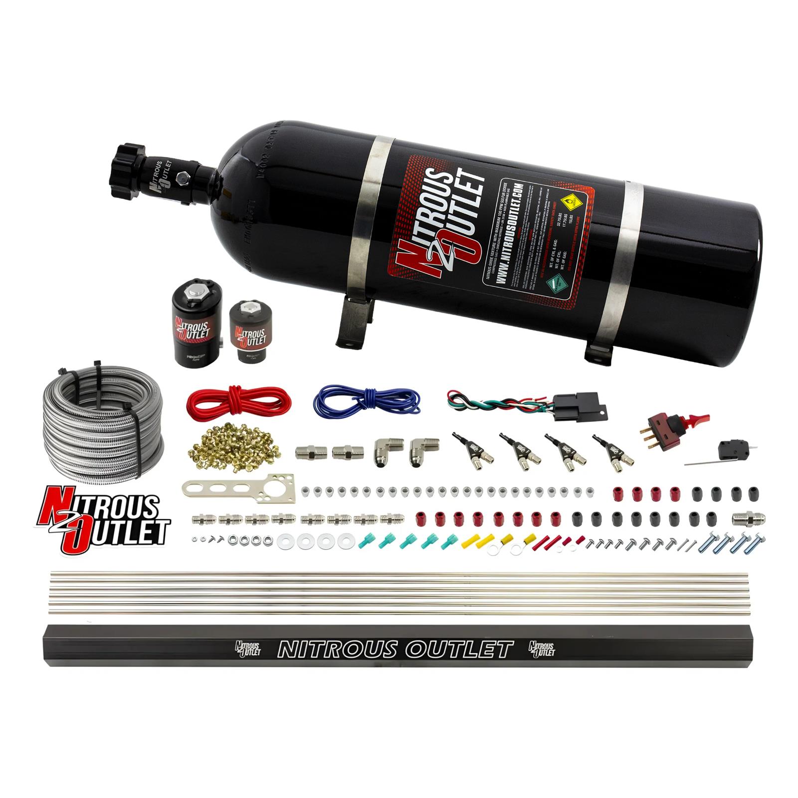 Nitrous Outlet Oxide Systems 00-10363-R-15 4 Cyl 2 Sol Direct Port Sys w/ Single Rail Hi PSI(15Lb Bottle)(90° Noz)