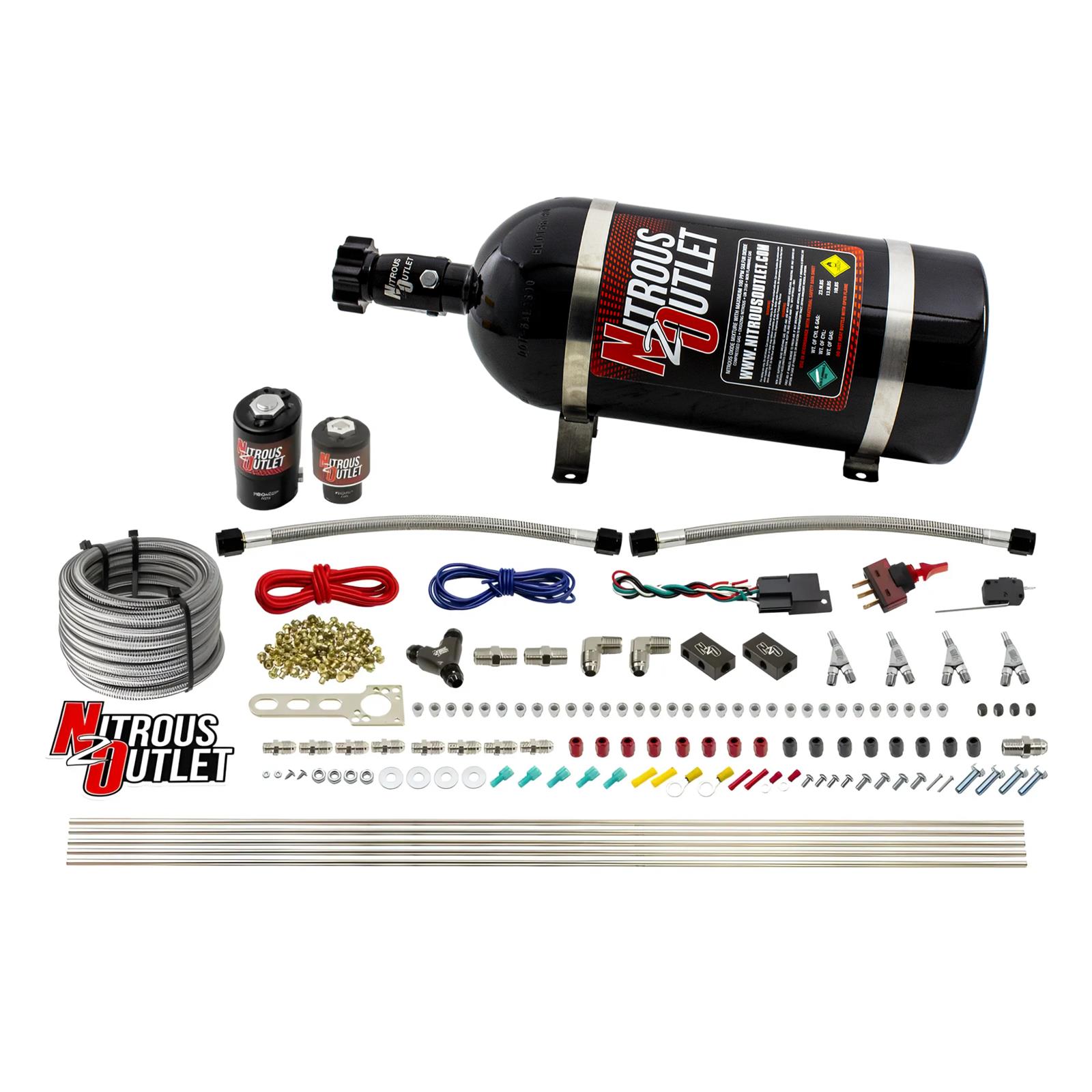 Nitrous Outlet Oxide Systems 00-10363-SBT-10 4 Cyl 2 Sol Direct Port Sys w/Dist Blocks Hi PSI(10Lb Bottle)(SBT Noz)