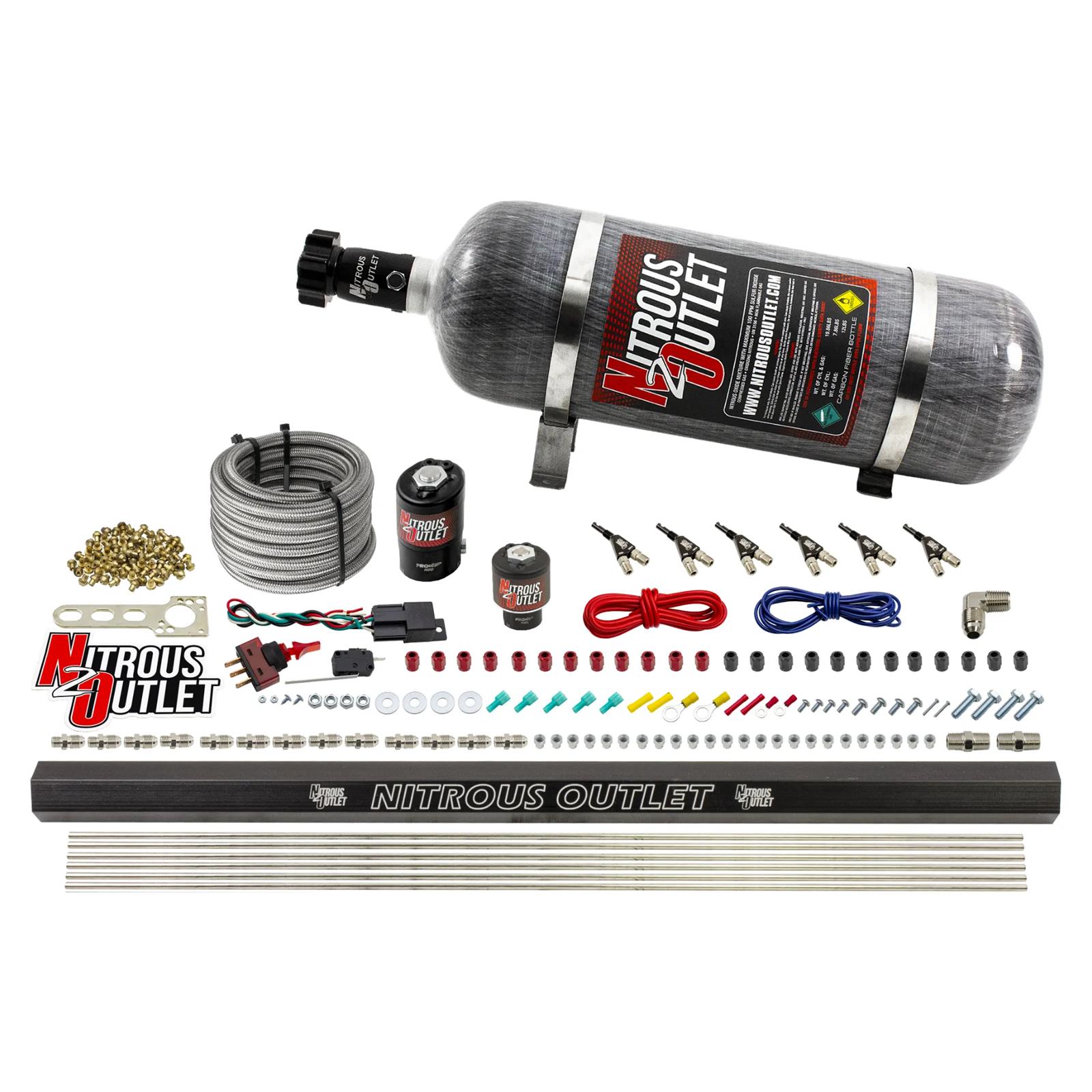Nitrous Outlet Oxide Systems 00-10398-ALC-12 6 Cyl 2 Sol Direct Port Sys w/Dist Blocks ALC Low PSI(12Lb Bottle)(90° Noz)