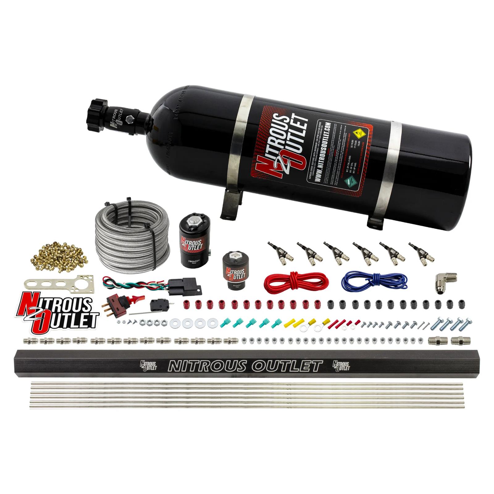 Nitrous Outlet Oxide Systems 00-10398-ALC-15 6 Cyl 2 Sol Direct Port Sys w/Dist Blocks ALC Low PSI(15Lb Bottle)(90° Noz)