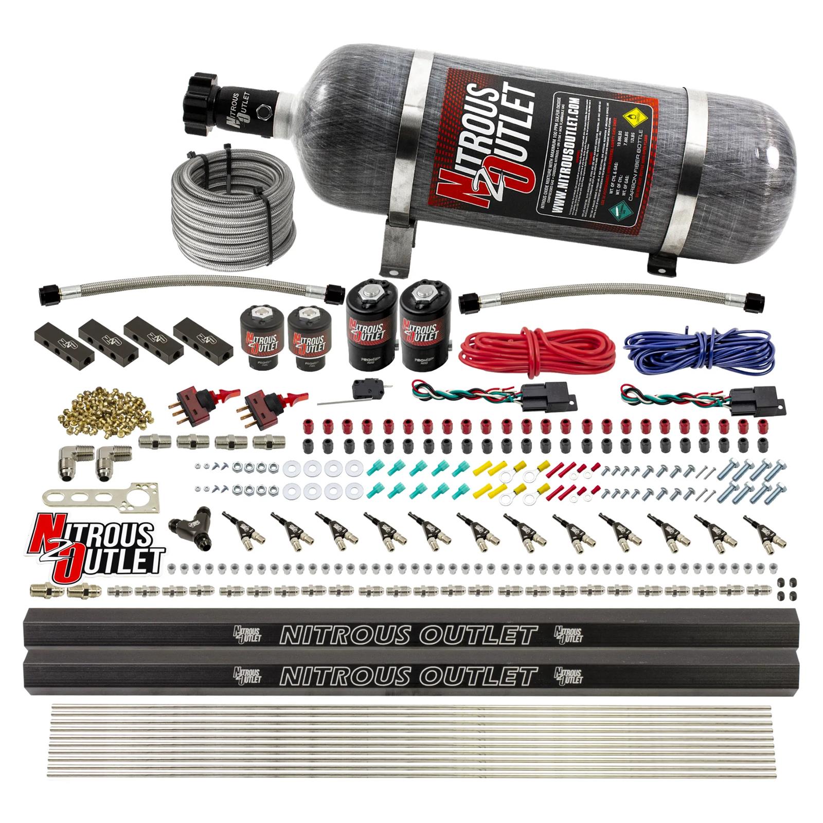 Nitrous Outlet Direct Port Systems 00-10398-DS-12 DS 6 Cyl 4Sol Sys w/Dist Blocks Low PSI(12Lb Bottle)(90° Noz)