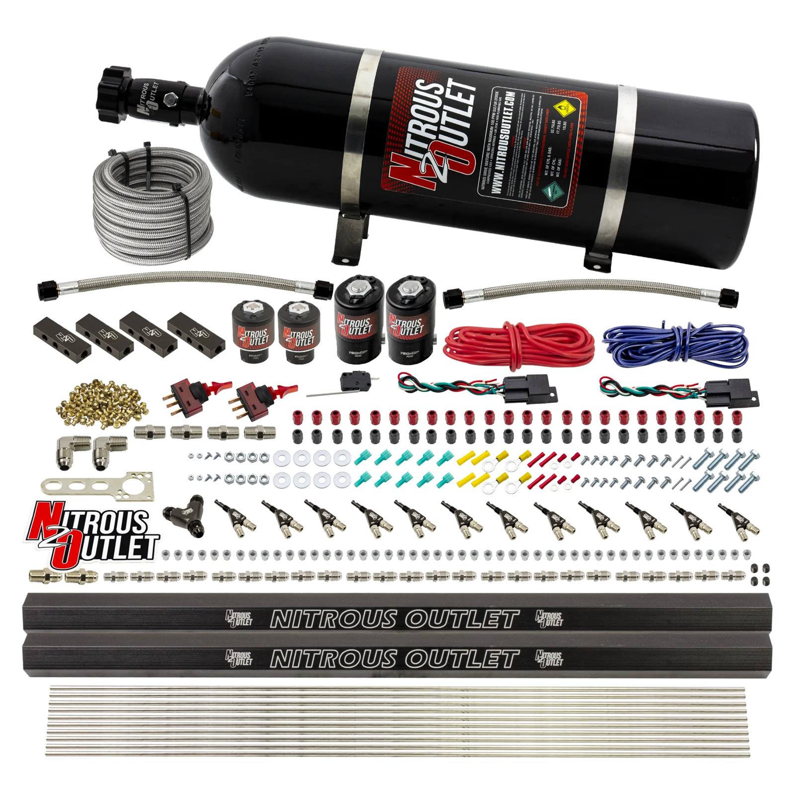 Nitrous Outlet Direct Port Systems 00-10398-DS-15 DS 6 Cyl 4Sol Sys w/Dist Blocks Low PSI(15Lb Bottle)(90° Noz)