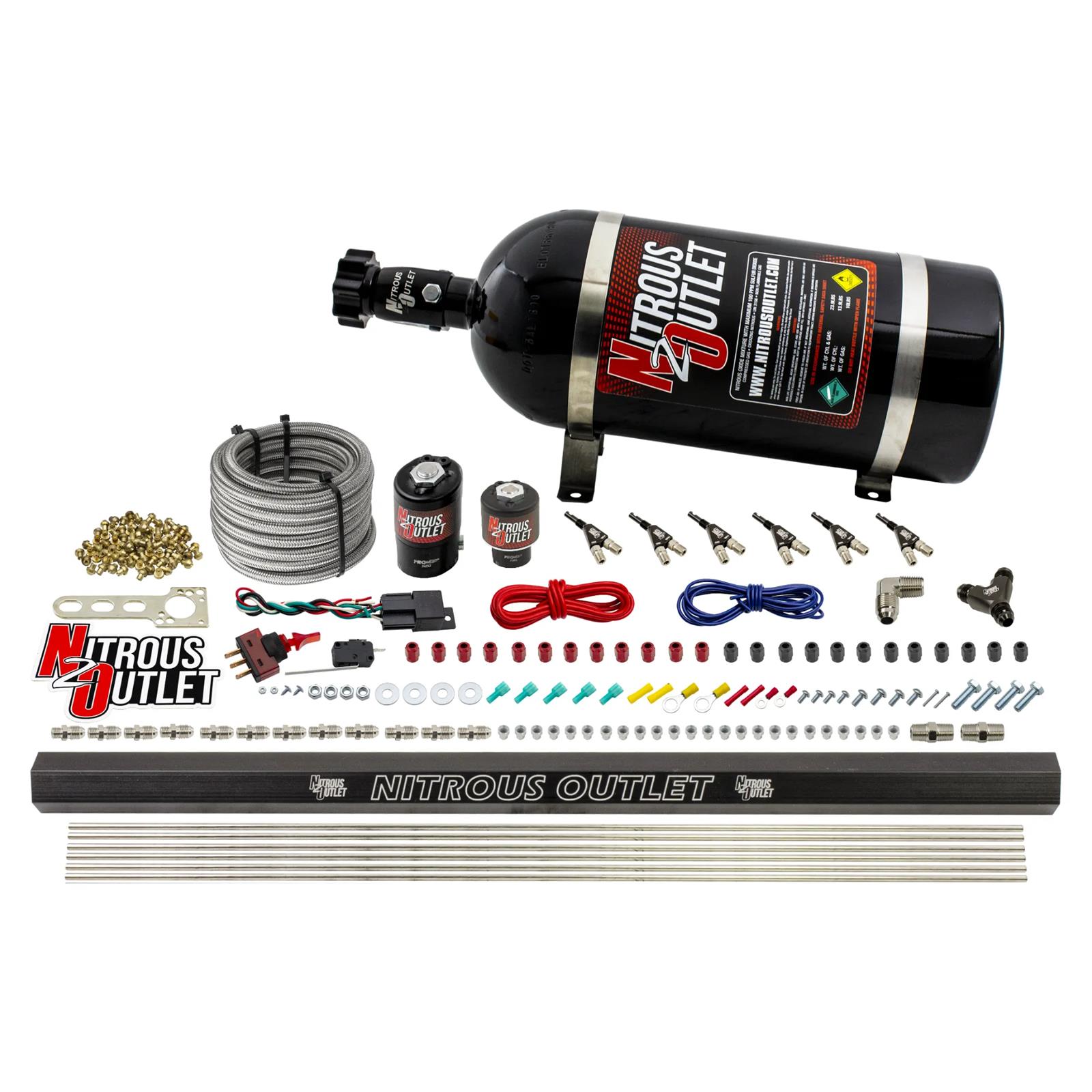Nitrous Outlet Oxide Systems 00-10398-E85-10 6 Cyl 2 Sol Direct Port Sys w/Dist Blocks E85 Low PSI(10Lb Bottle)(90° Noz)