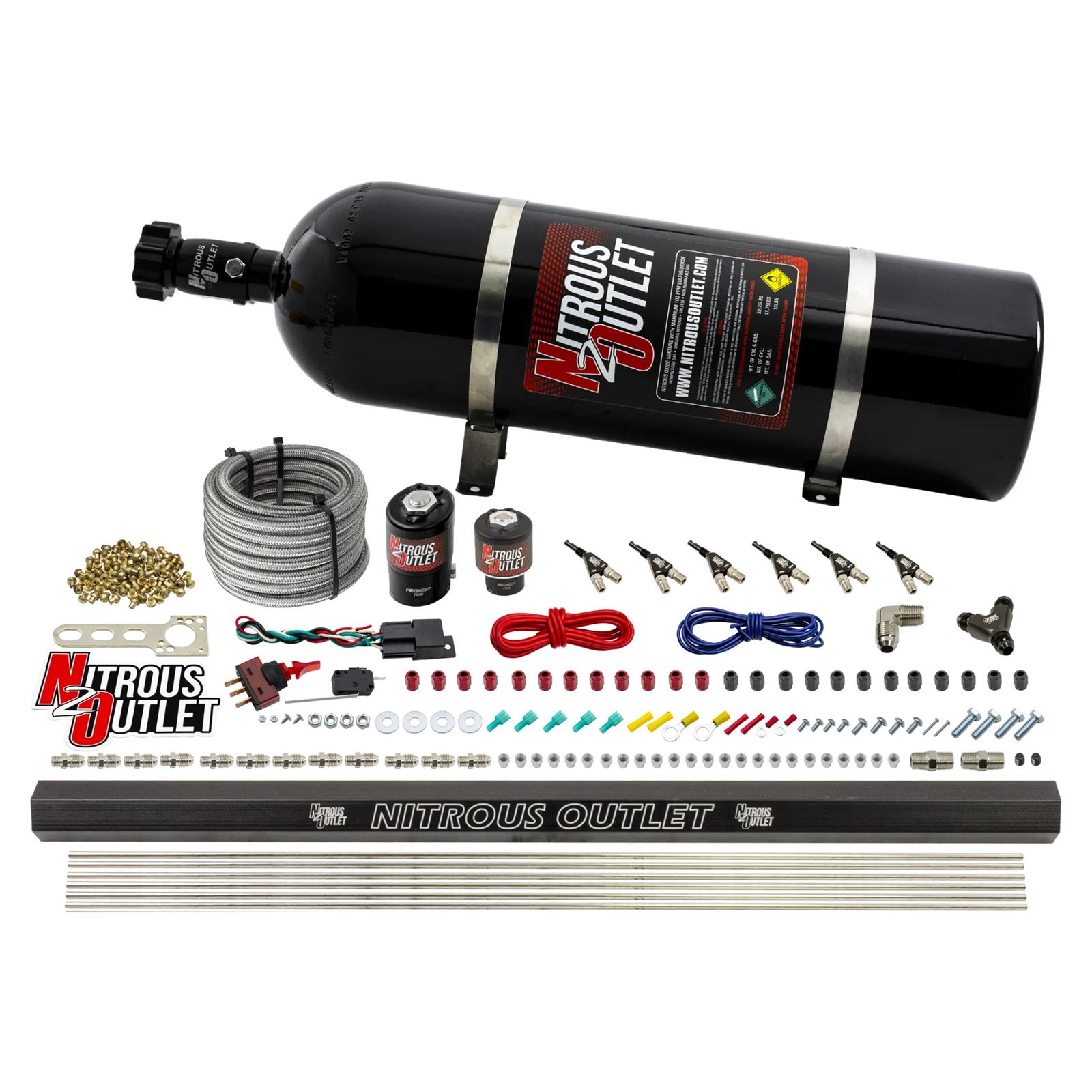 Nitrous Outlet Direct Port Systems 00-10398-R-15 6 Cyl 2 Sol Sys w/ Single Rail Low PSI(15Lb Bottle)(90° Noz)