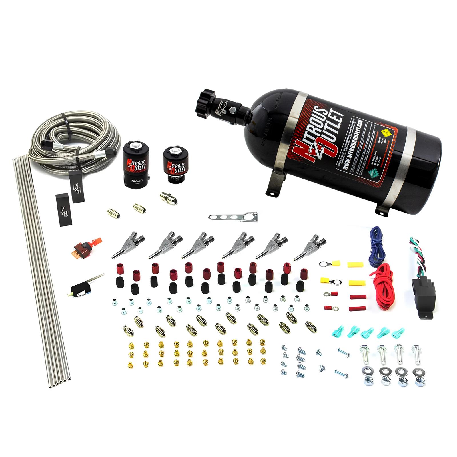 Nitrous Outlet Oxide Systems 00-10398-SBT-10 6 Cyl 2 Sol Direct Port Sys w/ Dist Blocks Low PSI(10Lb Bottle)(SBT Noz)