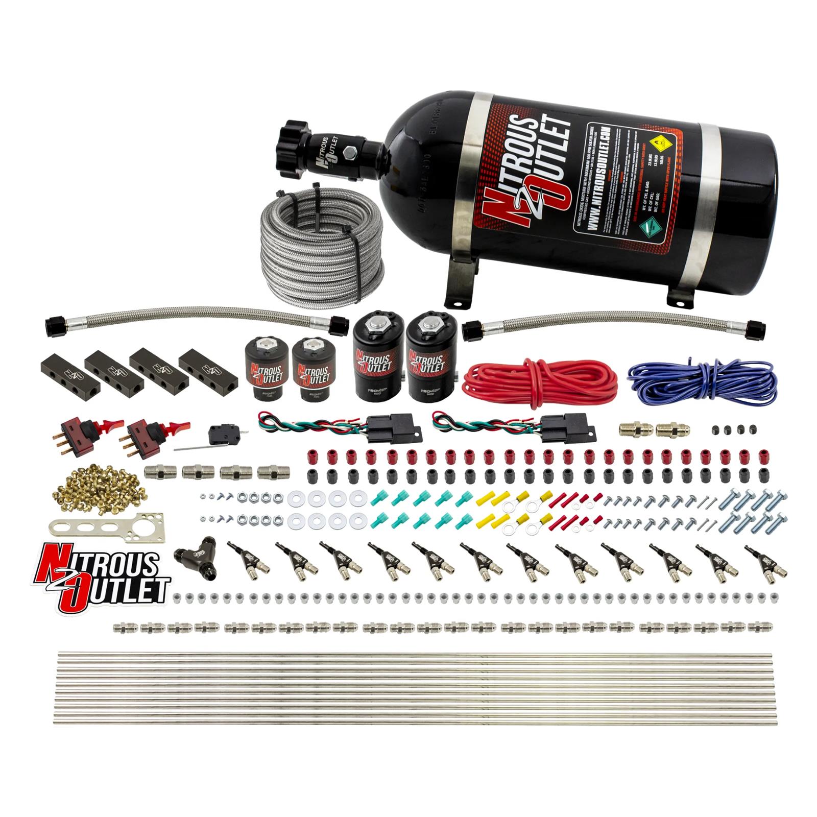 Nitrous Outlet Oxide Systems 00-10399-DS-10 DS 6 Cyl 4 Sol Direct Port Sys w/ Dist Blocks Hi PSI(10Lb Bottle)(90° Noz)