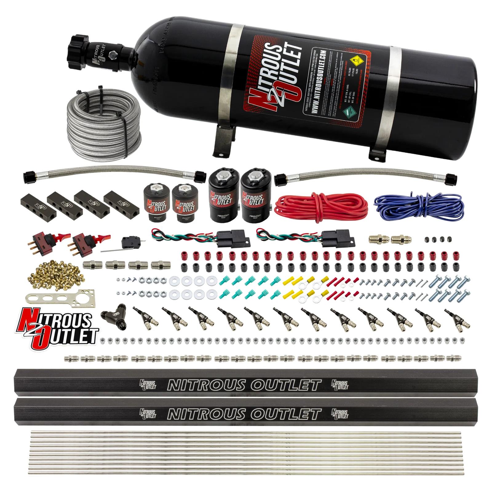 Nitrous Outlet Oxide Systems 00-10399-DS-15 DS 6 Cyl 4 Sol Direct Port Sys w/ Dist Blocks Hi PSI(15Lb Bottle)(90° Noz)