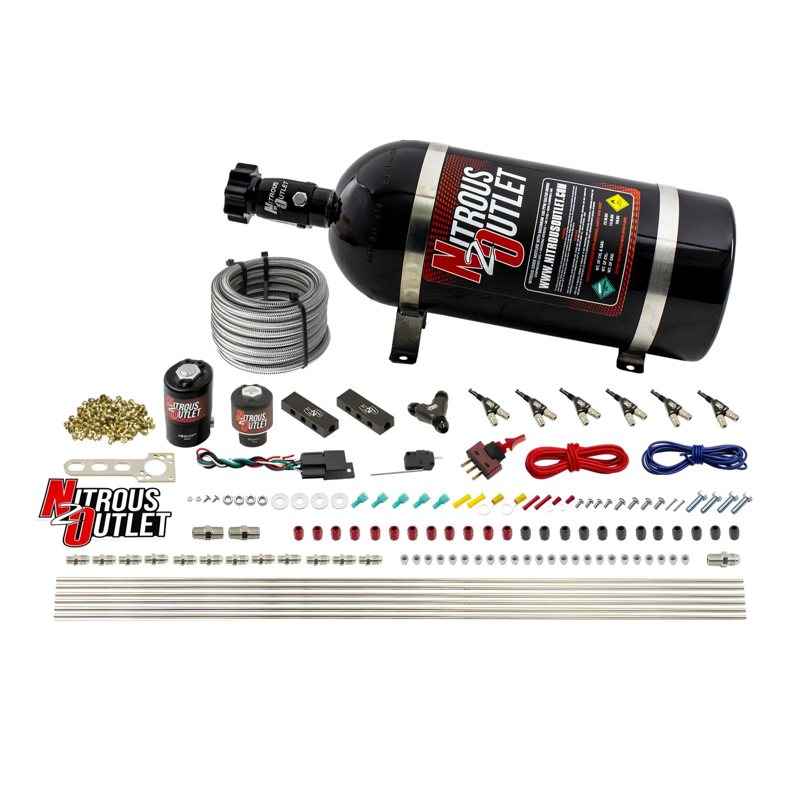 Nitrous Outlet Oxide Systems 00-10399-E85-10 6 Cyl 2 Sol Direct Port Sys w/ Dist Blocks E85 Hi PSI(10Lb Bottle)(90° Noz)