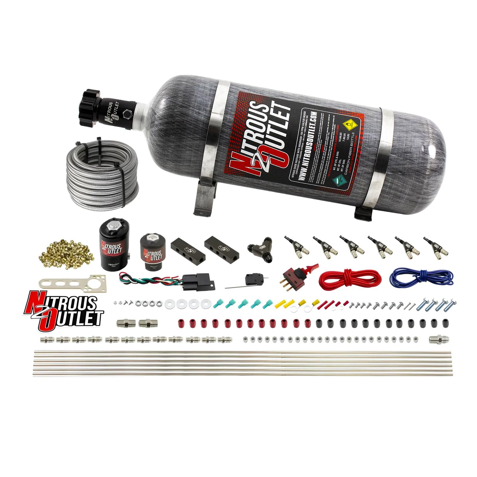 Nitrous Outlet Oxide Systems 00-10399-E85-12 6 Cyl 2 Sol Direct Port Sys w/ Dist Blocks E85 Hi PSI(12Lb Bottle)(90° Noz)
