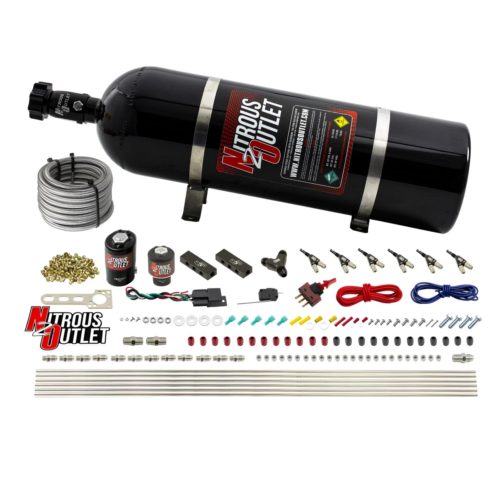 Nitrous Outlet Oxide Systems 00-10399-E85-15 6 Cyl 2 Sol Direct Port Sys w/ Dist Blocks E85 Hi PSI(15Lb Bottle)(90° Noz)