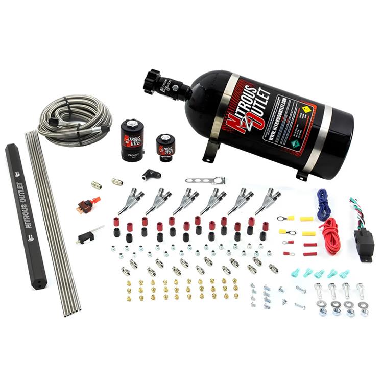 Nitrous Outlet Oxide Systems 00-10399-R-10 6 Cyl 2 Sol Direct Port Sys w/ Single Rail Hi PSI(10Lb Bottle)(90° Noz)