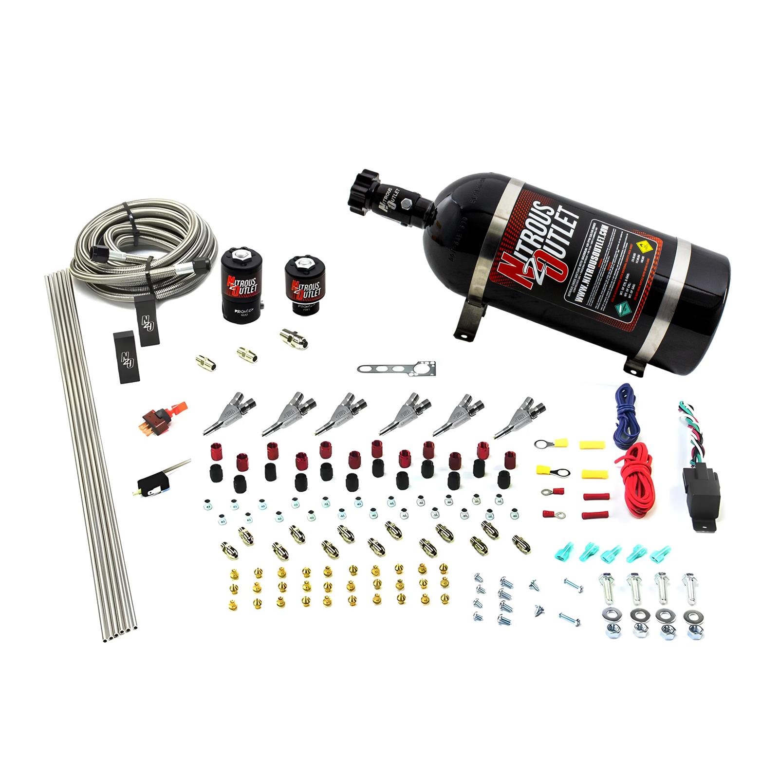 Nitrous Outlet Oxide Systems 00-10399-SBT-10 6 Cyl 2 Sol Direct Port Sys w/ Dist Blocks Hi PSI(10Lb Bottle)(SBT Noz)