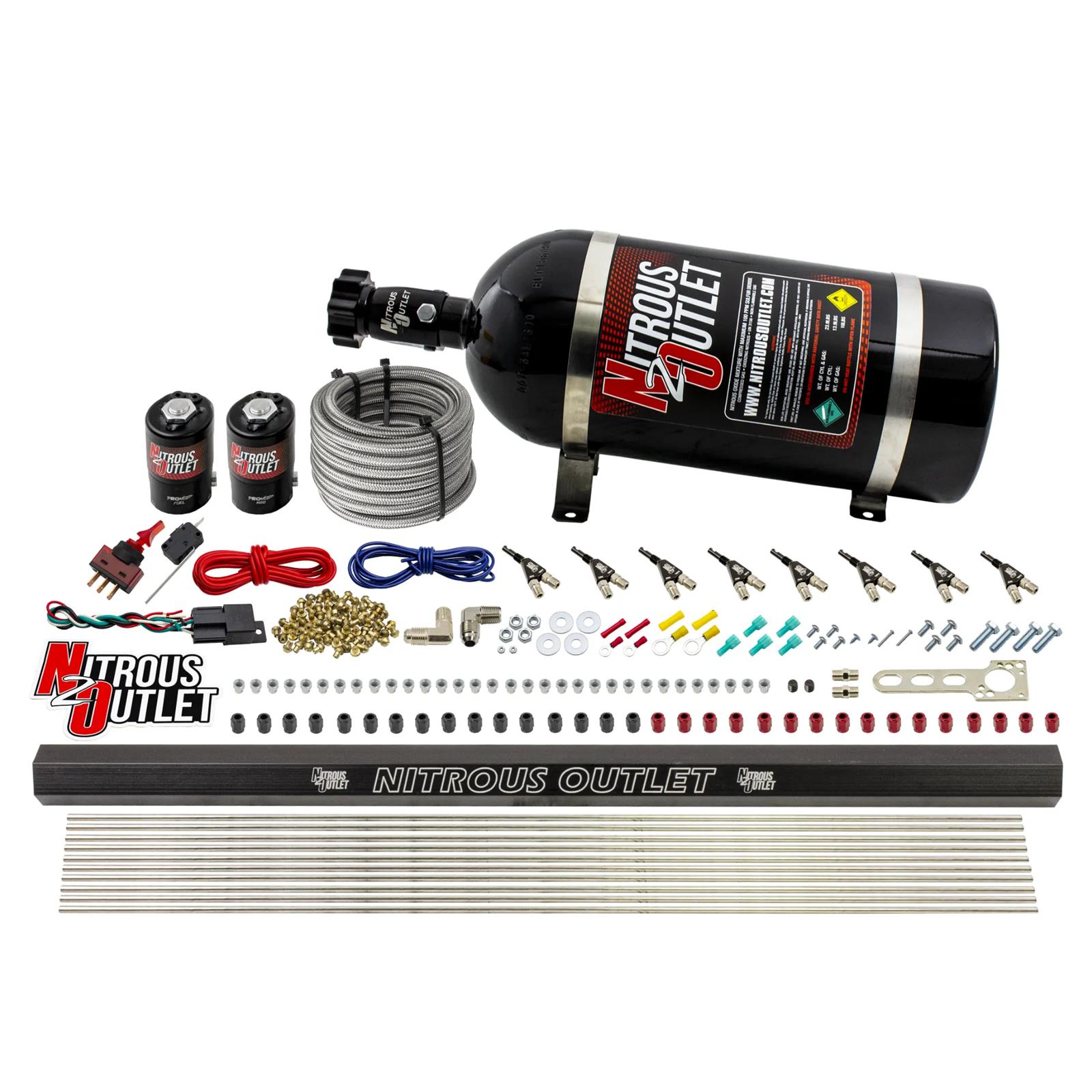 Nitrous Outlet Direct Port Systems 00-10472-H-R-10 8 Cyl 2 Sol Sys w/ Single Rail Low PSI(10Lb Bottle)90° Noz