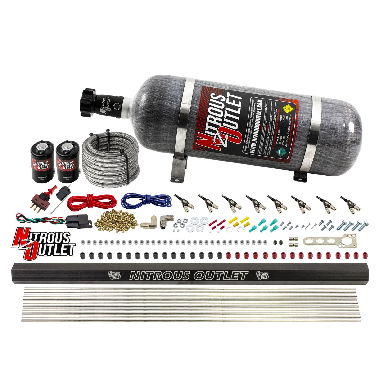 Nitrous Outlet Direct Port Systems 00-10472-H-R-12 8 Cyl 2 Sol Sys w/ Single Rail Low PSI(12Lb Bottle)90° Noz
