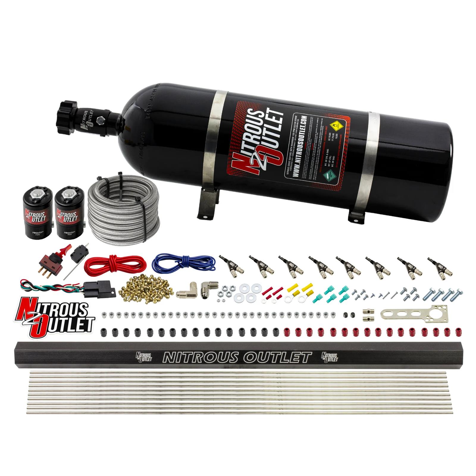 Nitrous Outlet Direct Port Systems 00-10472-H-R-15 8 Cyl 2 Sol Sys w/ Single Rail Low PSI(15Lb Bottle)90° Noz