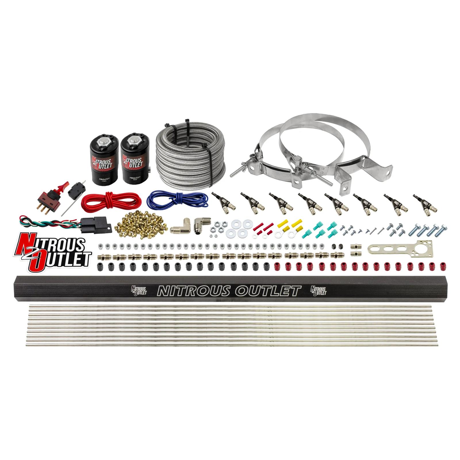 Nitrous Outlet Oxide Systems 00-10473-H-R-00 8 Cyl 2 Sol Direct Port Sys w/ Single Rail Hi PSI(No Bottle)(90° Noz)