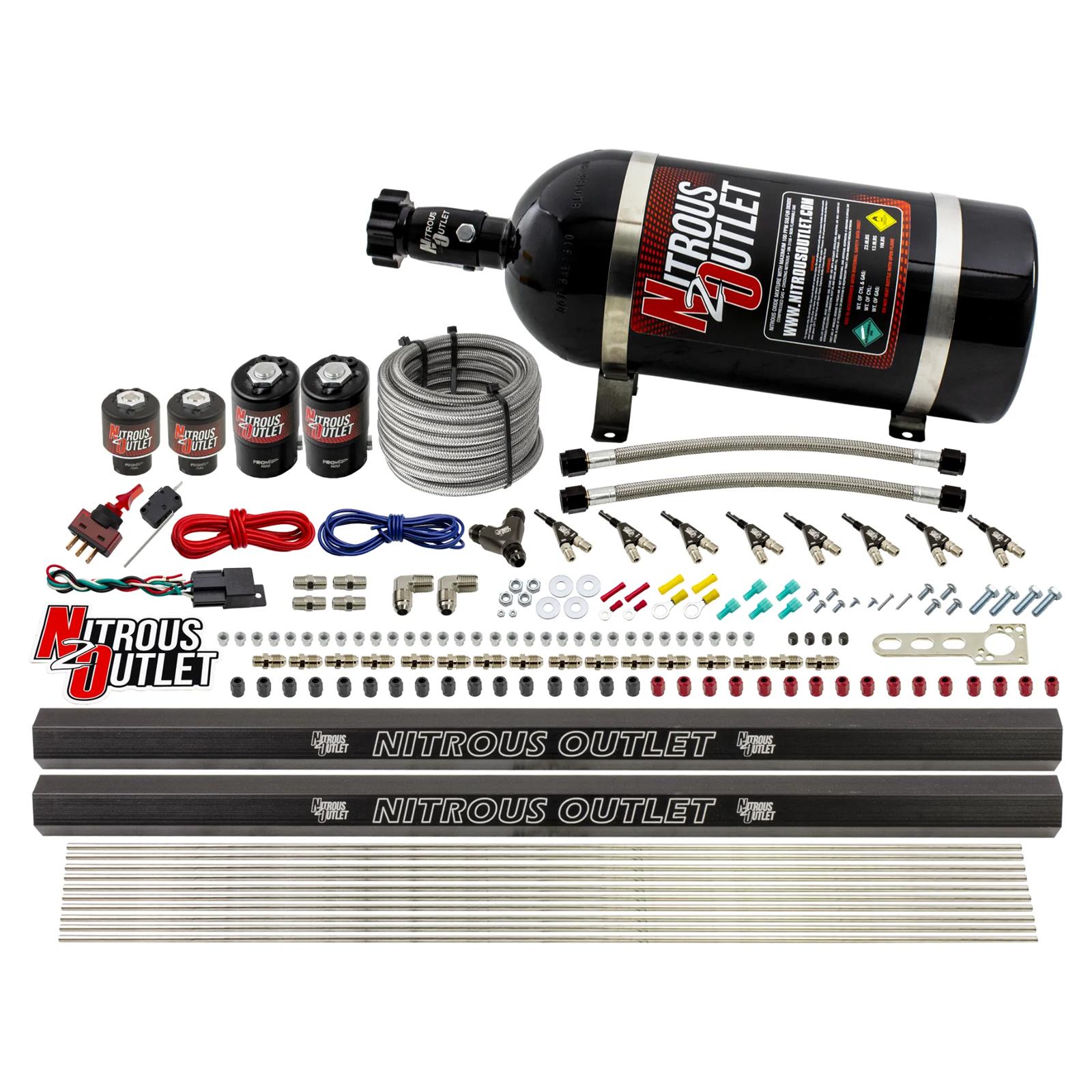 Nitrous Outlet Oxide Systems 00-10474-H-R-10 8 Cyl 4 Sol Direct Port Sys w/ Dual Rails Low PSI(10Lb Bottle)(90° Noz)