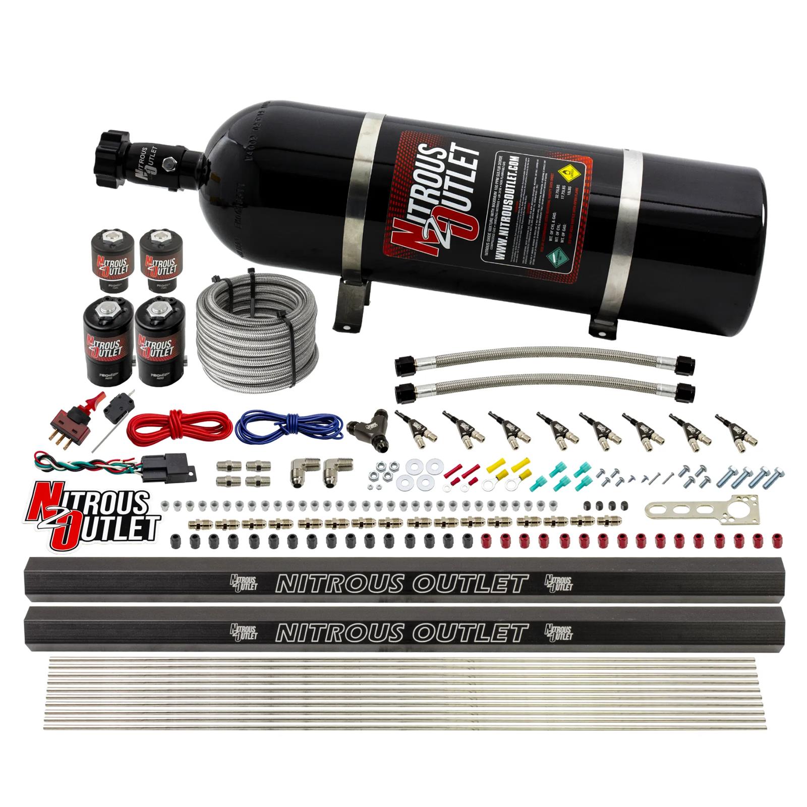 Nitrous Outlet Oxide Systems 00-10474-H-R-15 8 Cyl 4 Sol Direct Port Sys w/ Dual Rails Low PSI(15Lb Bottle)(90° Noz)