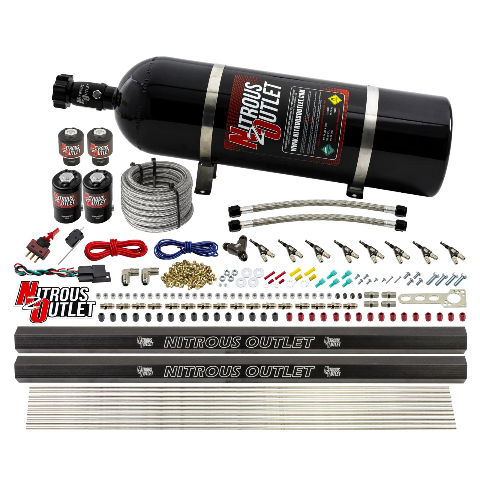 Nitrous Outlet Direct Port Systems 00-10474-L-R-15 8 Cyl 4 Sol Sys w/ Dual Rails Low PSI(15Lb Bottle)(90° Noz)