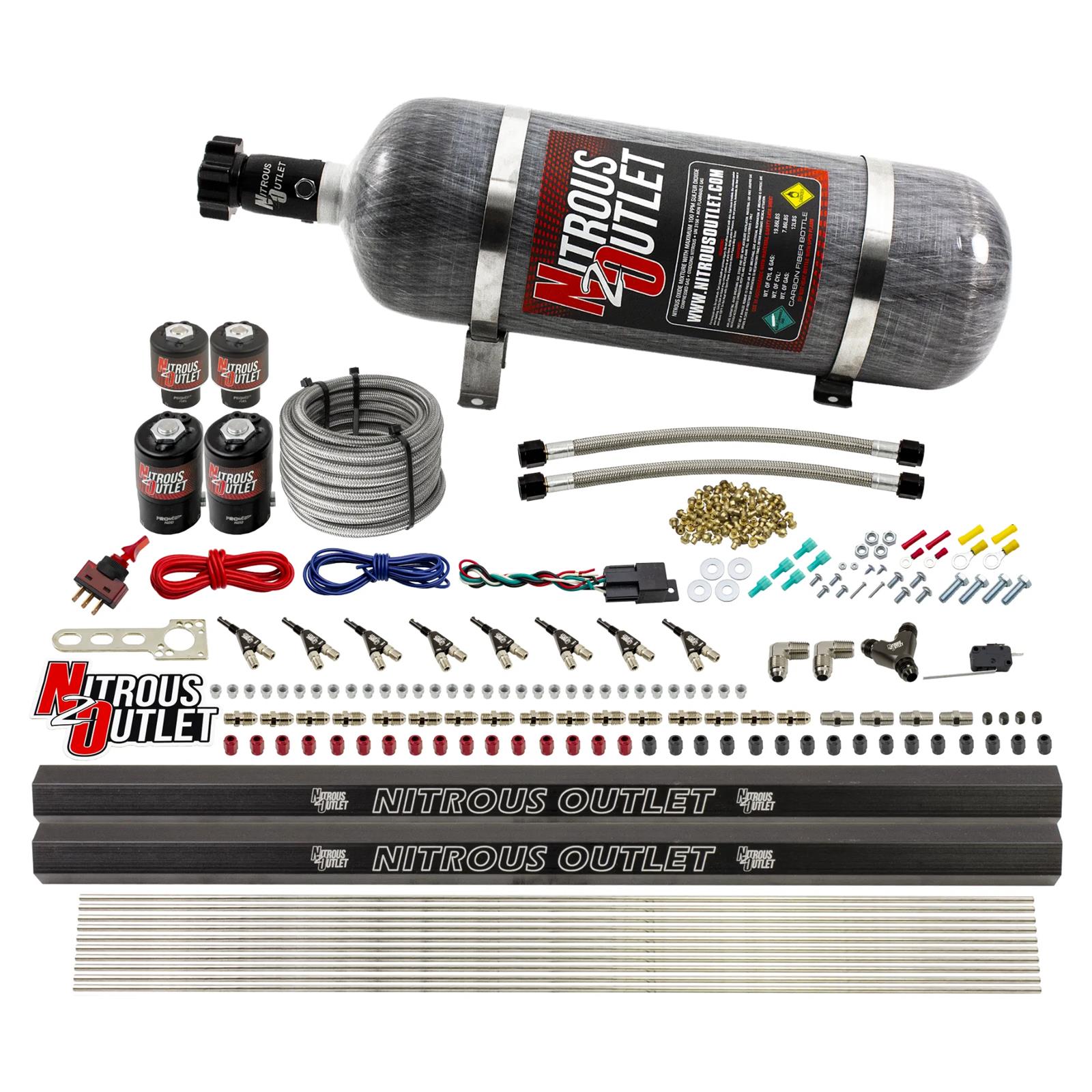 Nitrous Outlet Oxide Systems 00-10475-L-R-12 8 Cyl 4 Sol Direct Port Sys w/ Dual Rails Hi PSI(12Lb Bottle)(90° Noz)