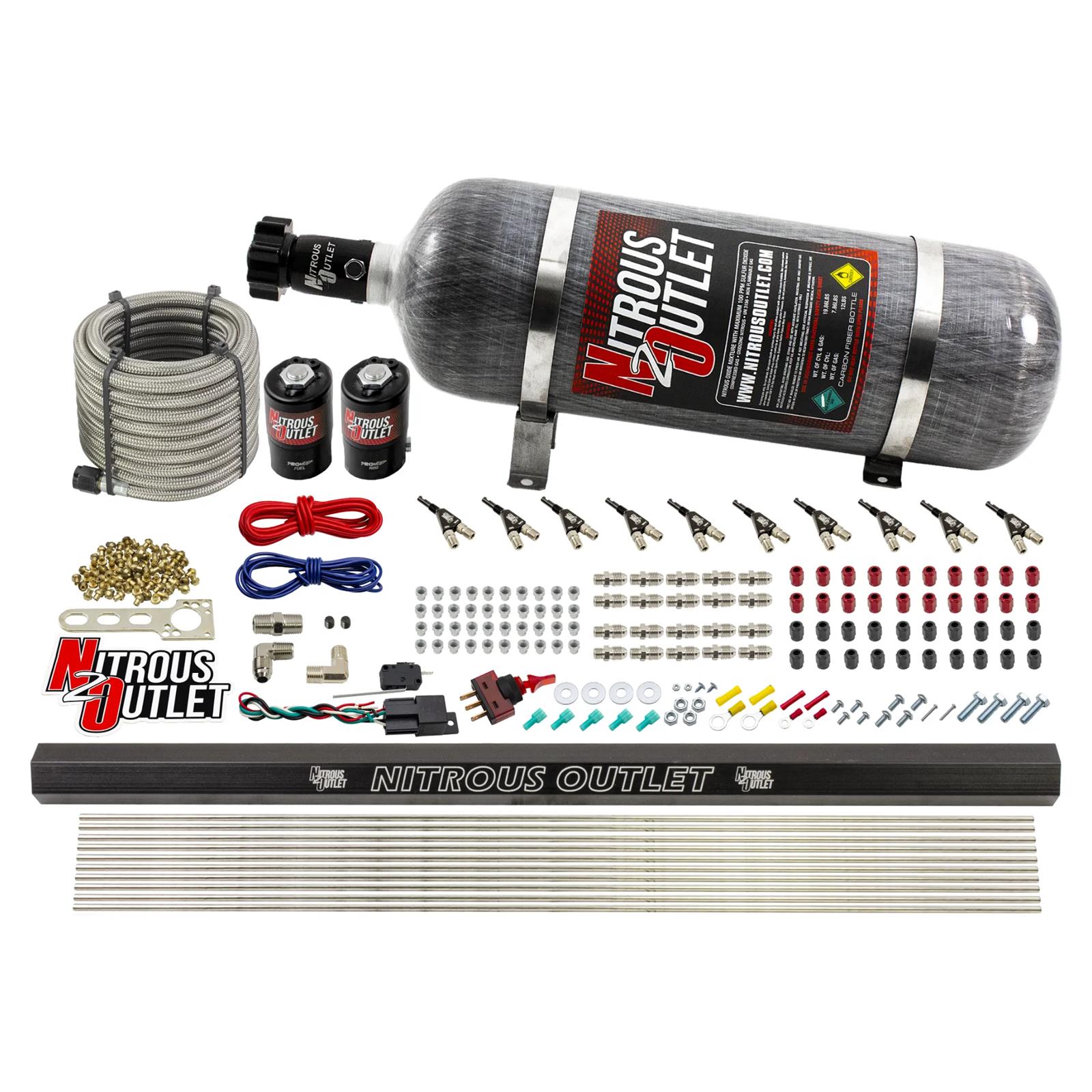 Nitrous Outlet Oxide Systems 00-10495-R-12 10 Cyl 2 Sol Direct Port Sys w/ Single Rail Hi PSI(12Lb Bottle)(90° Noz)
