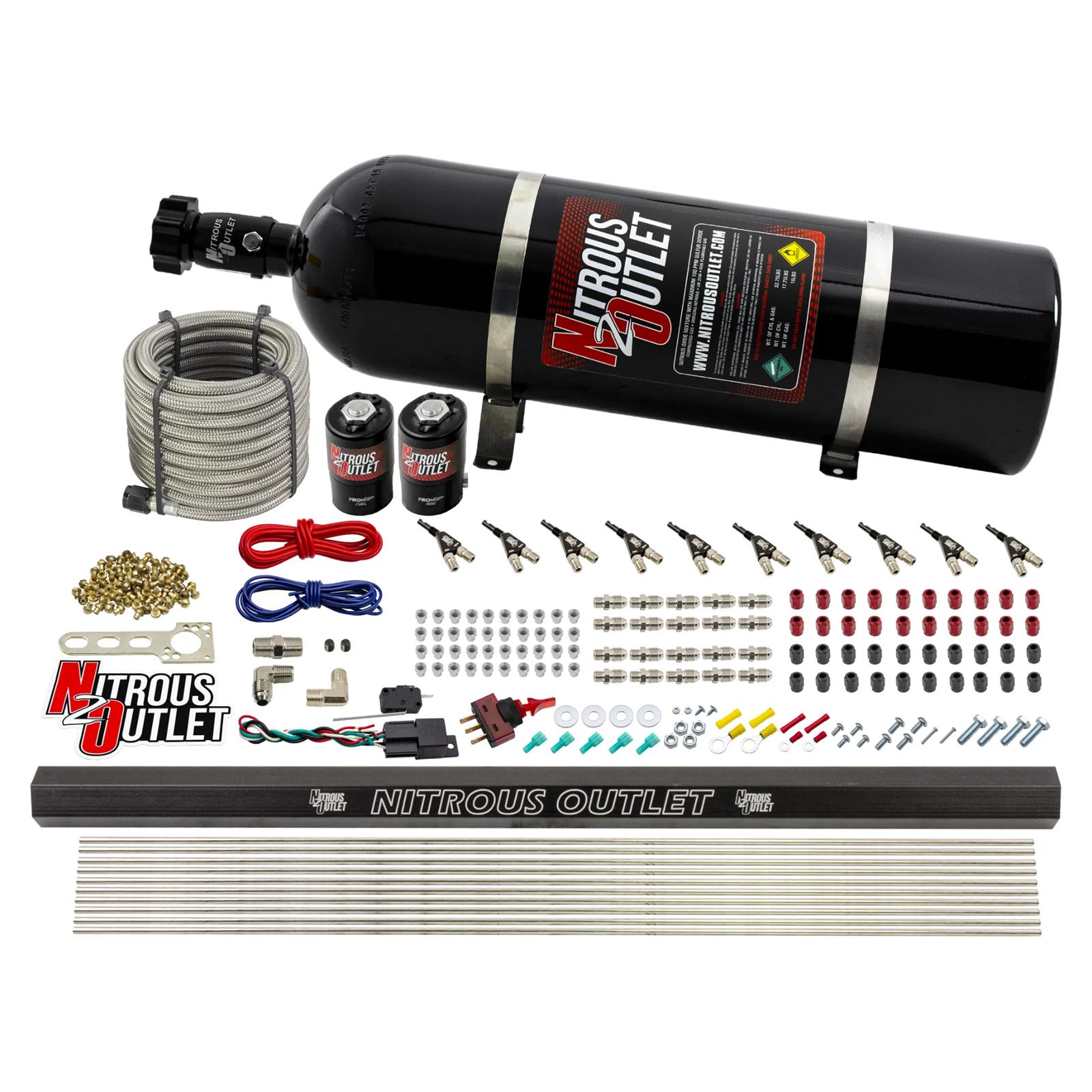 Nitrous Outlet Oxide Systems 00-10495-R-15 10 Cyl 2 Sol Direct Port Sys w/ Single Rail Hi PSI(15Lb Bottle)(90° Noz)