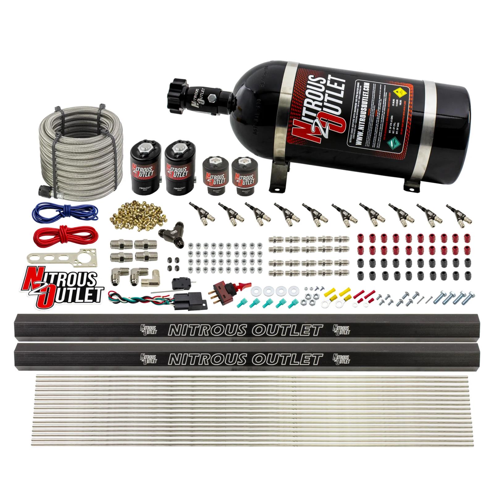 Nitrous Outlet Direct Port Systems 00-10496-R-10 10 Cyl 4 Sol Sys w/ Dual Rails Low PSI(10Lb Bottle)(90° Noz)