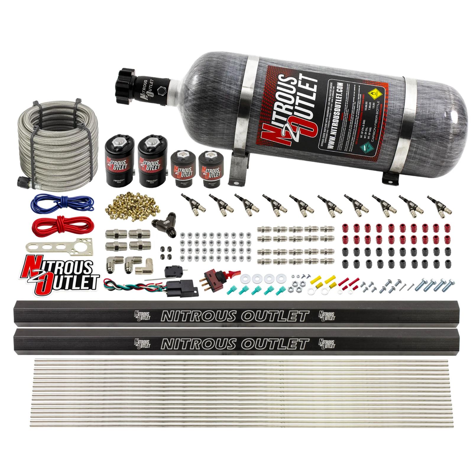 Nitrous Outlet Direct Port Systems 00-10496-R-12 10 Cyl 4 Sol Sys w/ Dual Rails Low PSI(12Lb Bottle)(90° Noz)