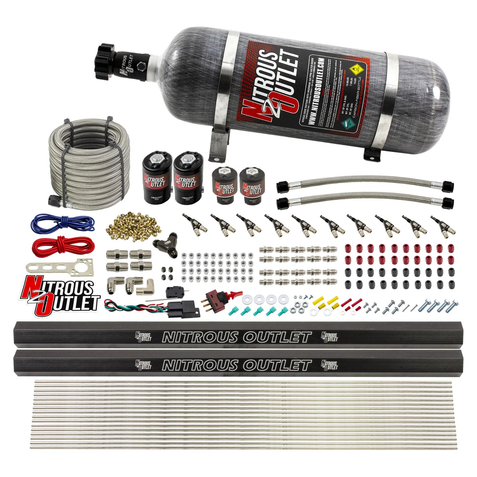 Nitrous Outlet Oxide Systems 00-10497-R-12 10 Cyl 4 Sol Direct Port Sys w/ Dual Rail Hi PSI(12Lb Bottle)(90° Noz)