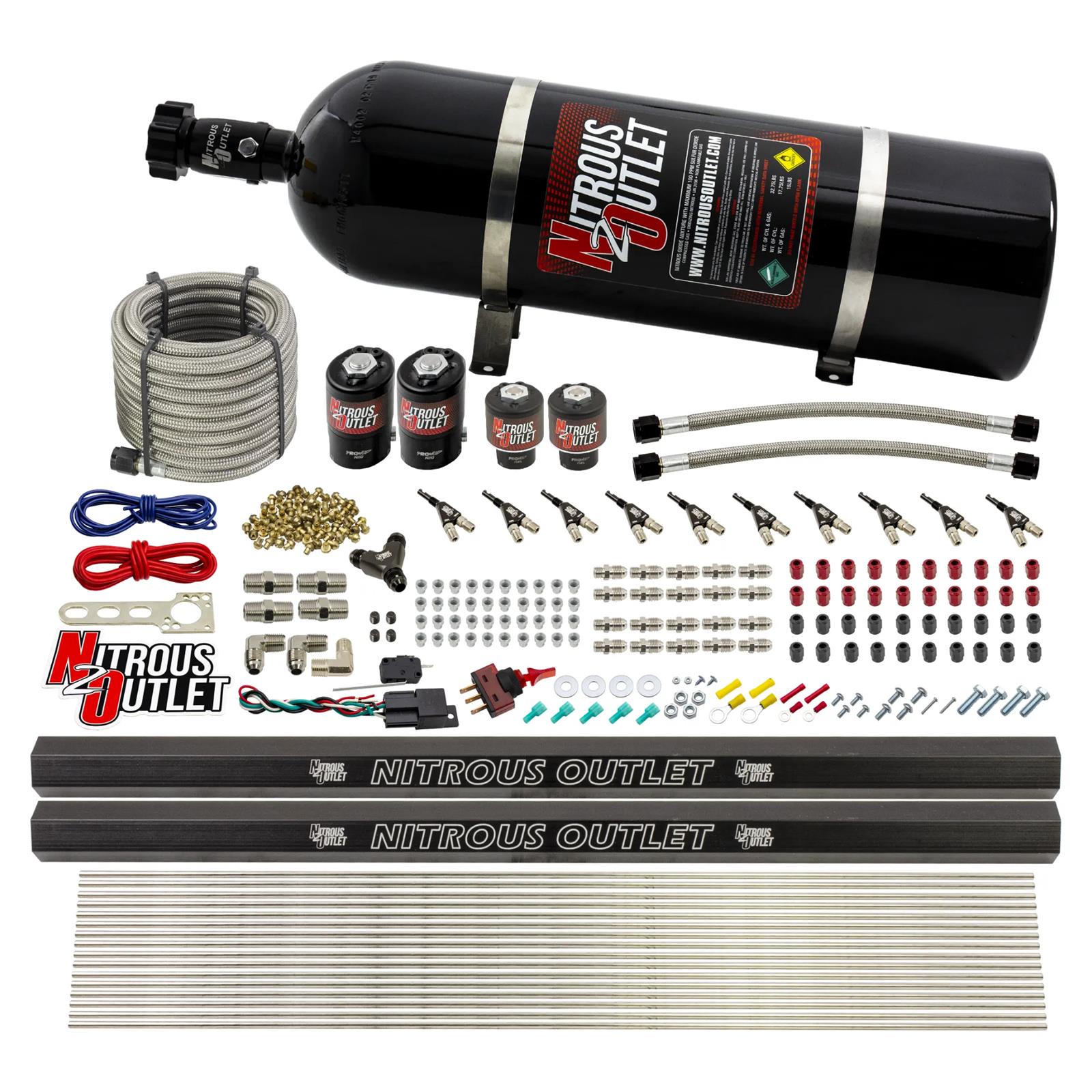 Nitrous Outlet Oxide Systems 00-10497-R-15 10 Cyl 4 Sol Direct Port Sys w/ Dual Rail Hi PSI(15Lb Bottle)(90° Noz)
