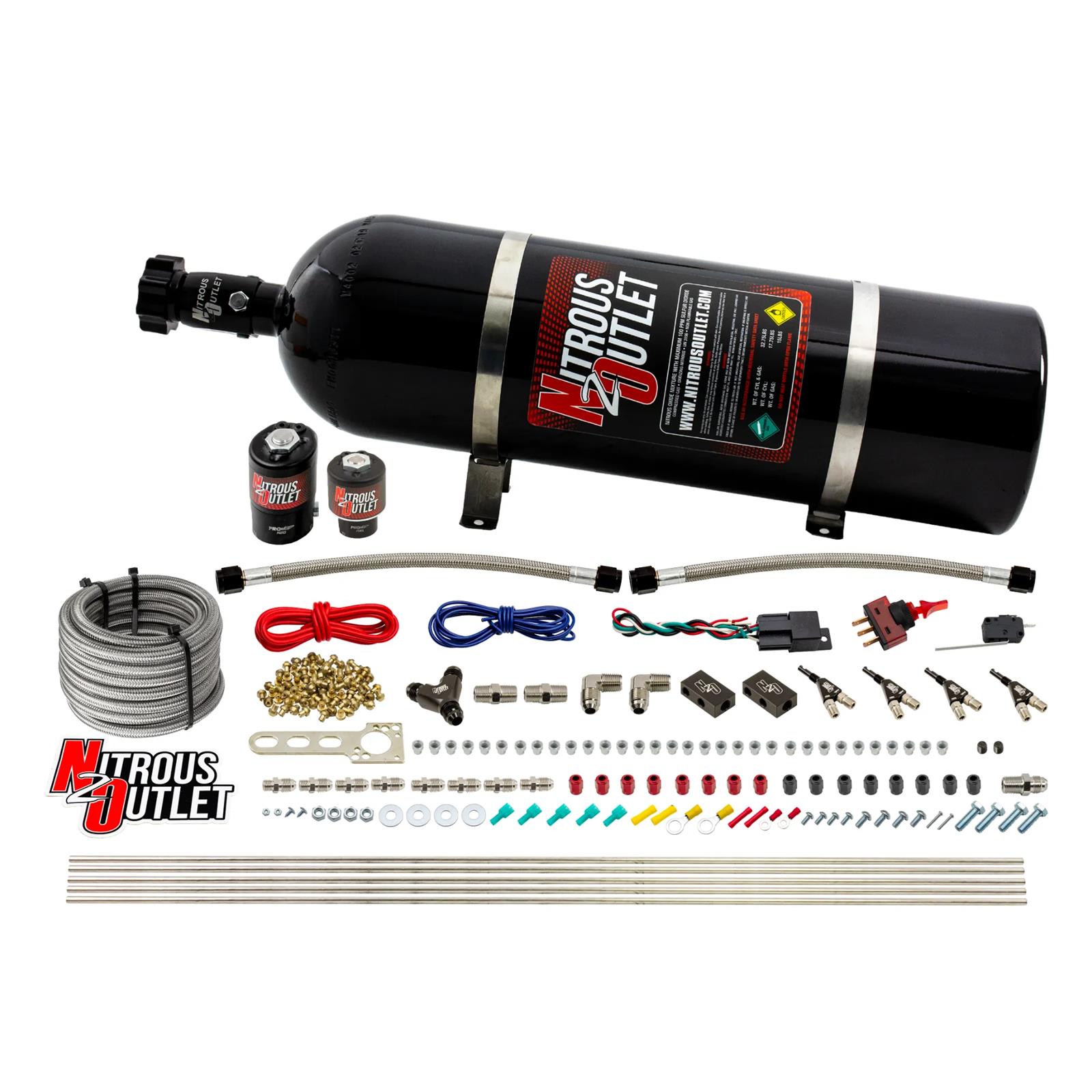Nitrous Outlet Oxide Systems 00-10362-ALC-R-15 4 Cyl 2 Sol Direct Port Sys w/ Single Rail ALC Low PSI(15Lb Bottle) 90° Noz