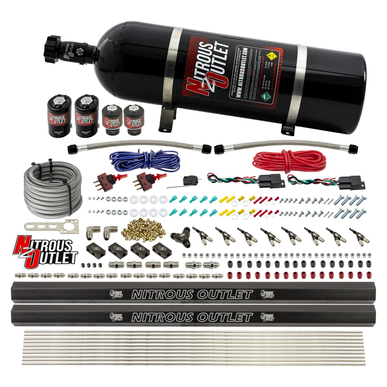 Nitrous Outlet Oxide Systems 00-10362-ALC-R-DS-15 DS 4Cyl 4Sol Direct Port Sys w/ Dual Rails ALC Low PSI(15LB Bottle) 90° Noz