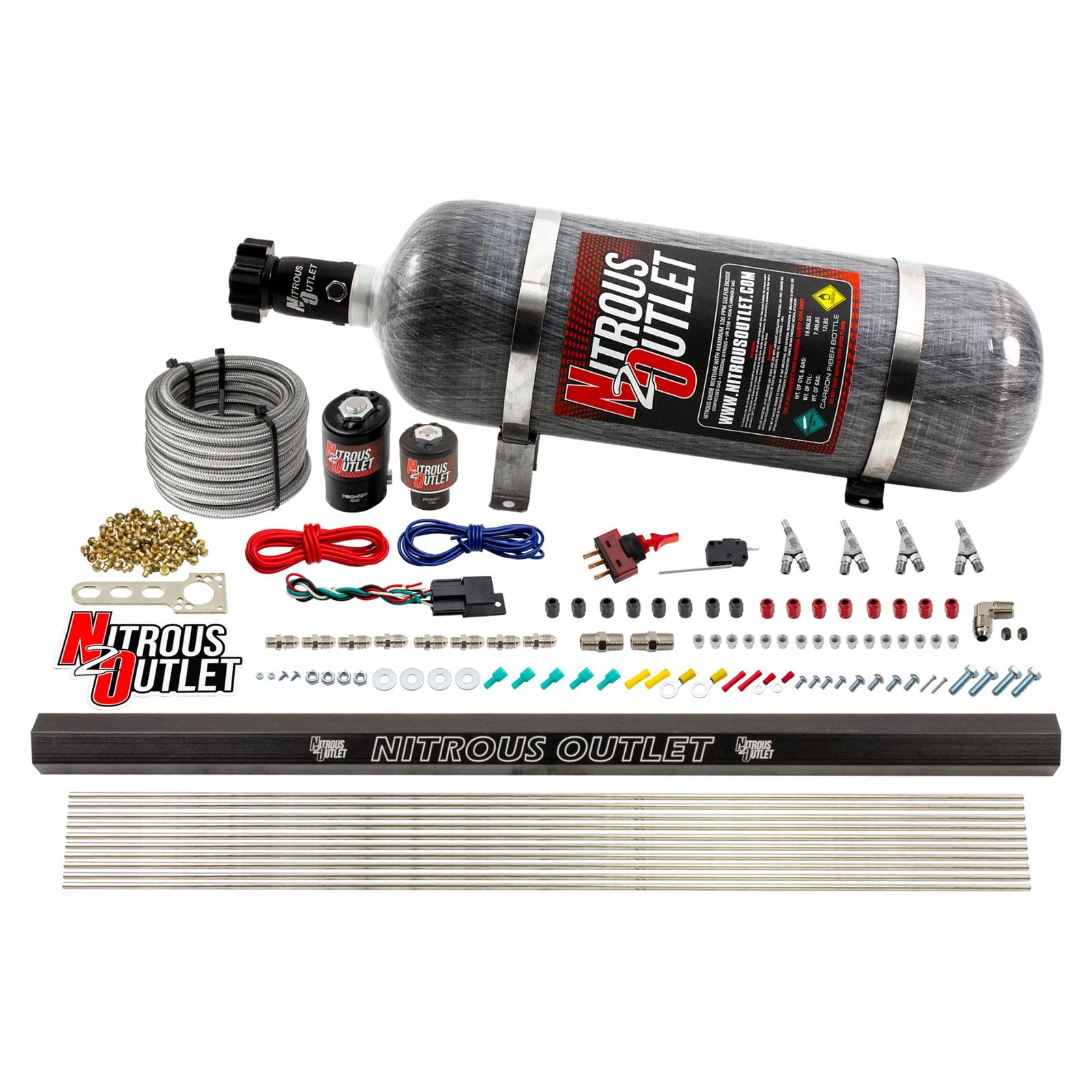 Nitrous Outlet Oxide Systems 00-10362-ALC-R-SBT-12 4 Cyl 2 Sol Direct Port Sys w/ Single Rail ALC Low PSI(12Lb Bottle) SBT Noz