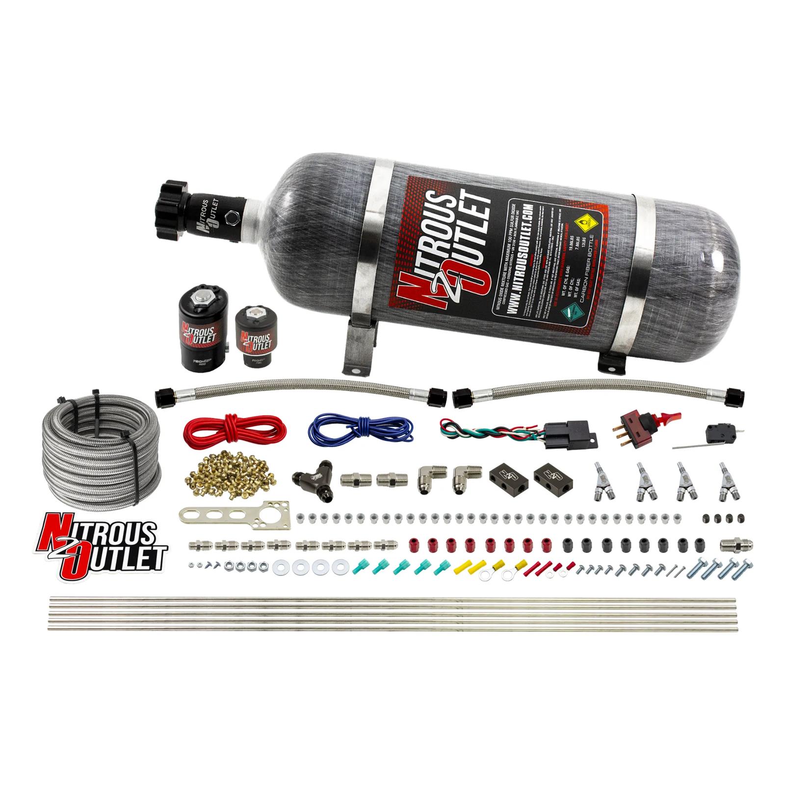 Nitrous Outlet Oxide Systems 00-10362-ALC-SBT-12 4 Cyl 2 Sol Direct Port Sys w/ Dist Blocks ALC Low PSI(12Lb Bottle) SBT Noz