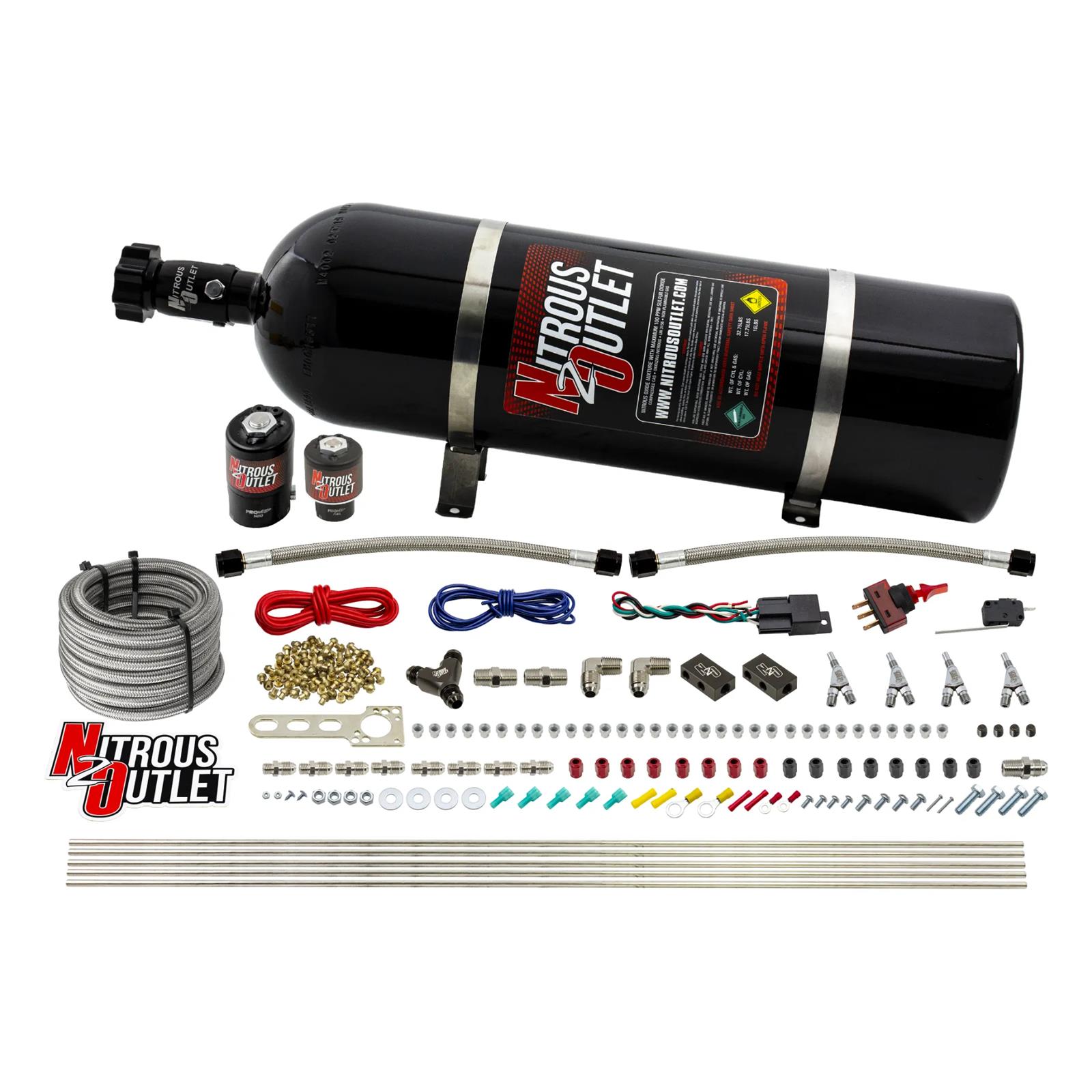 Nitrous Outlet Oxide Systems 00-10362-ALC-SBT-15 4 Cyl 2 Sol Direct Port Sys w/ Dist Blocks ALC Low PSI(15Lb Bottle) SBT Noz