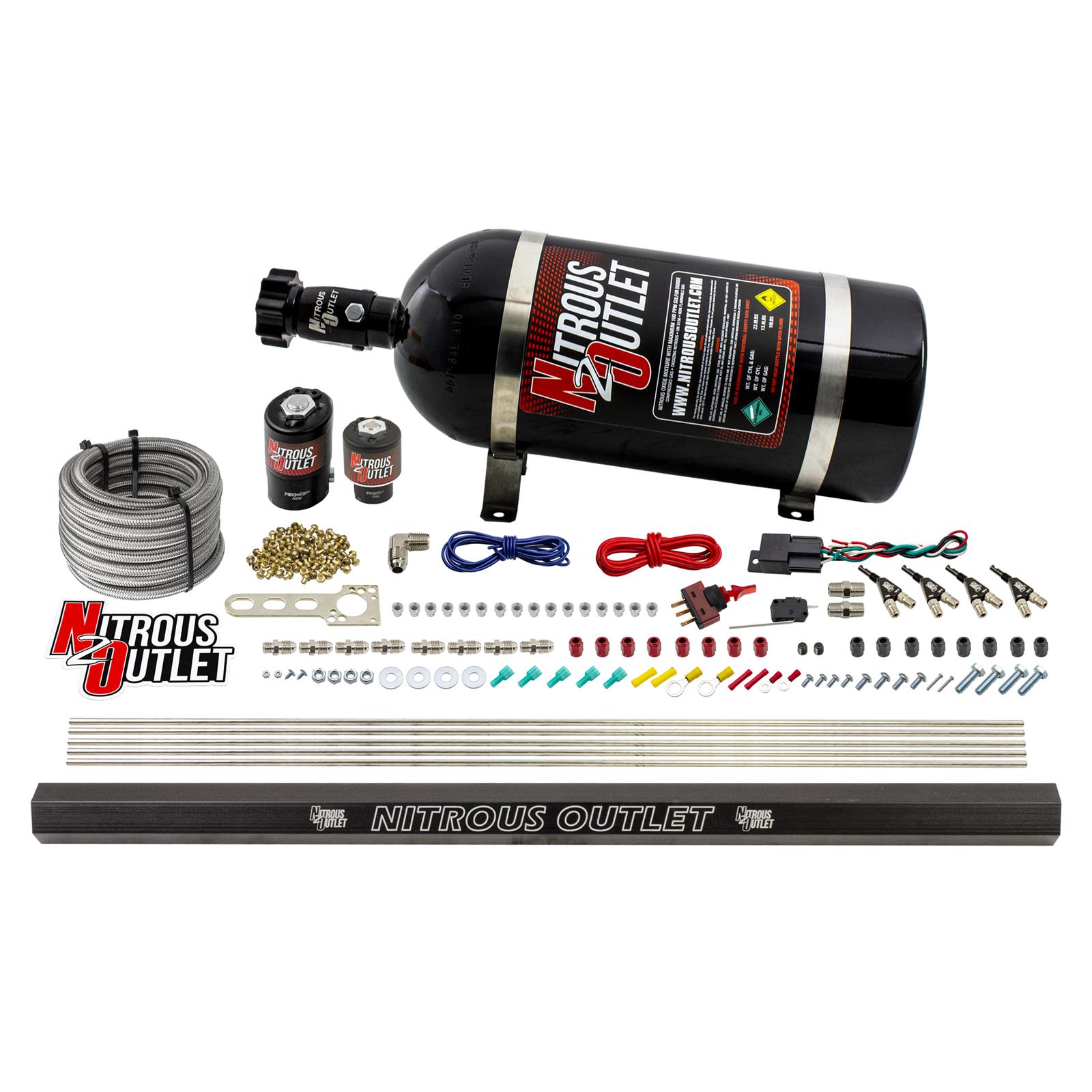 Nitrous Outlet Oxide Systems 00-10362-E85-R-10 4 Cyl 2 Sol Direct Port Sys w/ Single Rail E85 Low PSI(10Lb Bottle) 90° Noz