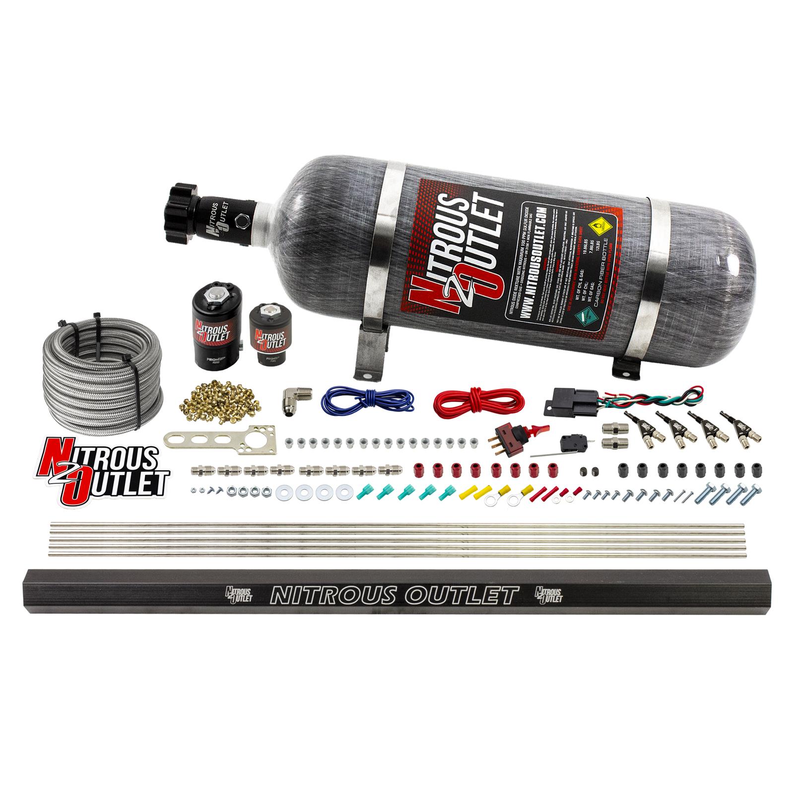 Nitrous Outlet Oxide Systems 00-10362-E85-R-12 4 Cyl 2 Sol Direct Port Sys w/ Single Rail E85 Low PSI(12Lb Bottle) 90° Noz