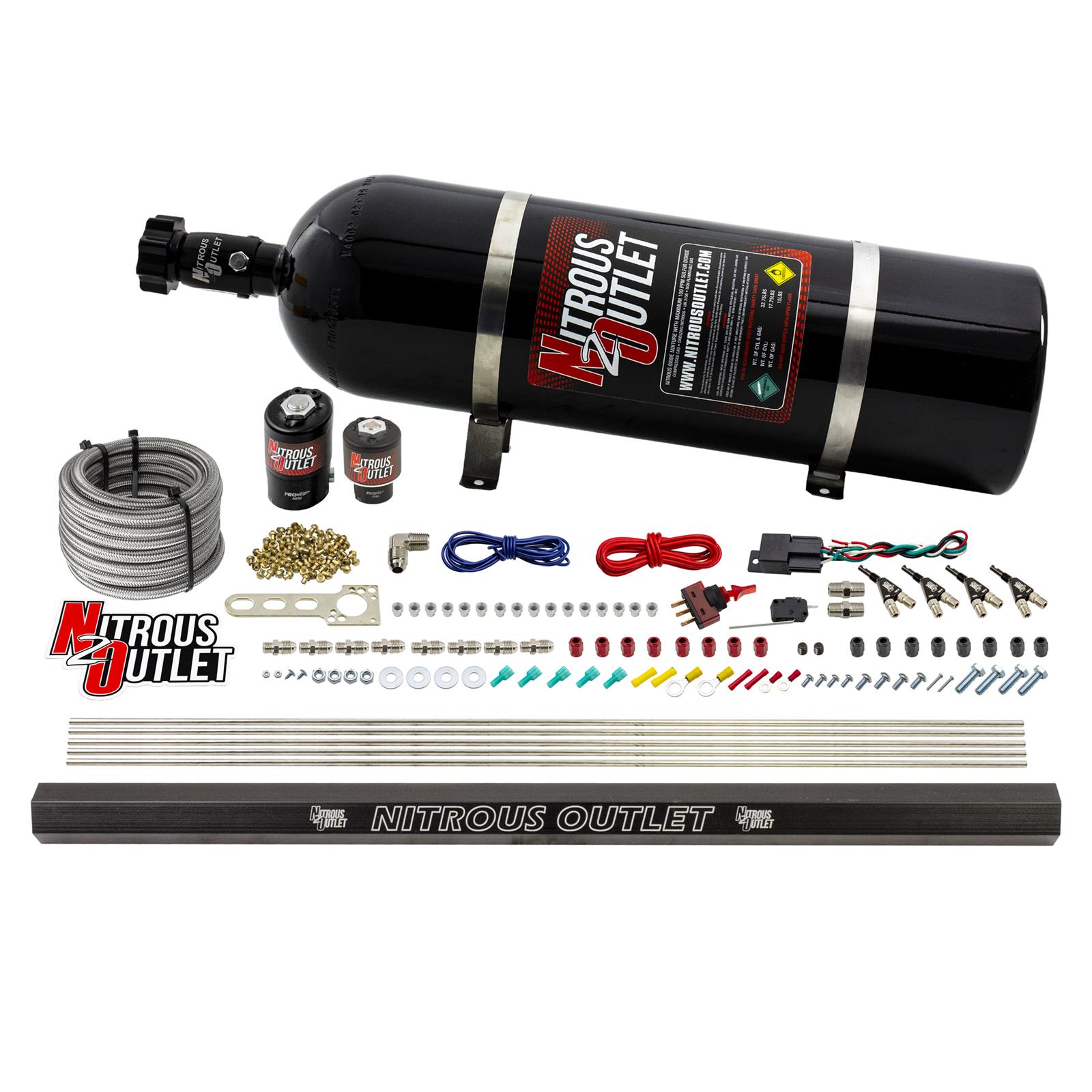 Nitrous Outlet Oxide Systems 00-10362-E85-R-15 4 Cyl 2 Sol Direct Port Sys w/ Single Rail E85 Low PSI(15Lb Bottle) 90° Noz